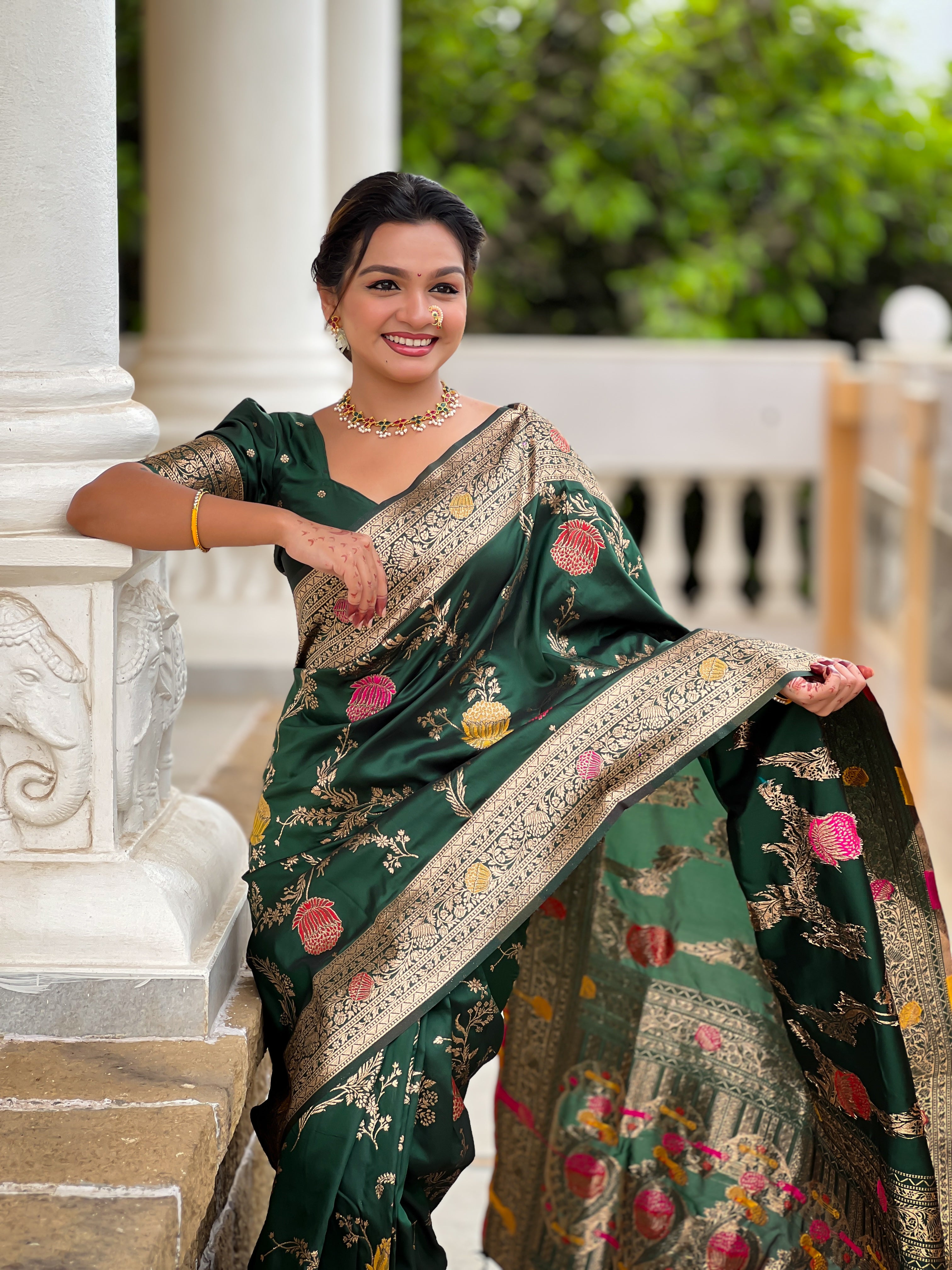 Bottle Green Designer Banarasi Silk Saree for Women – Aqua Green Woven Floral Saree with Blouse