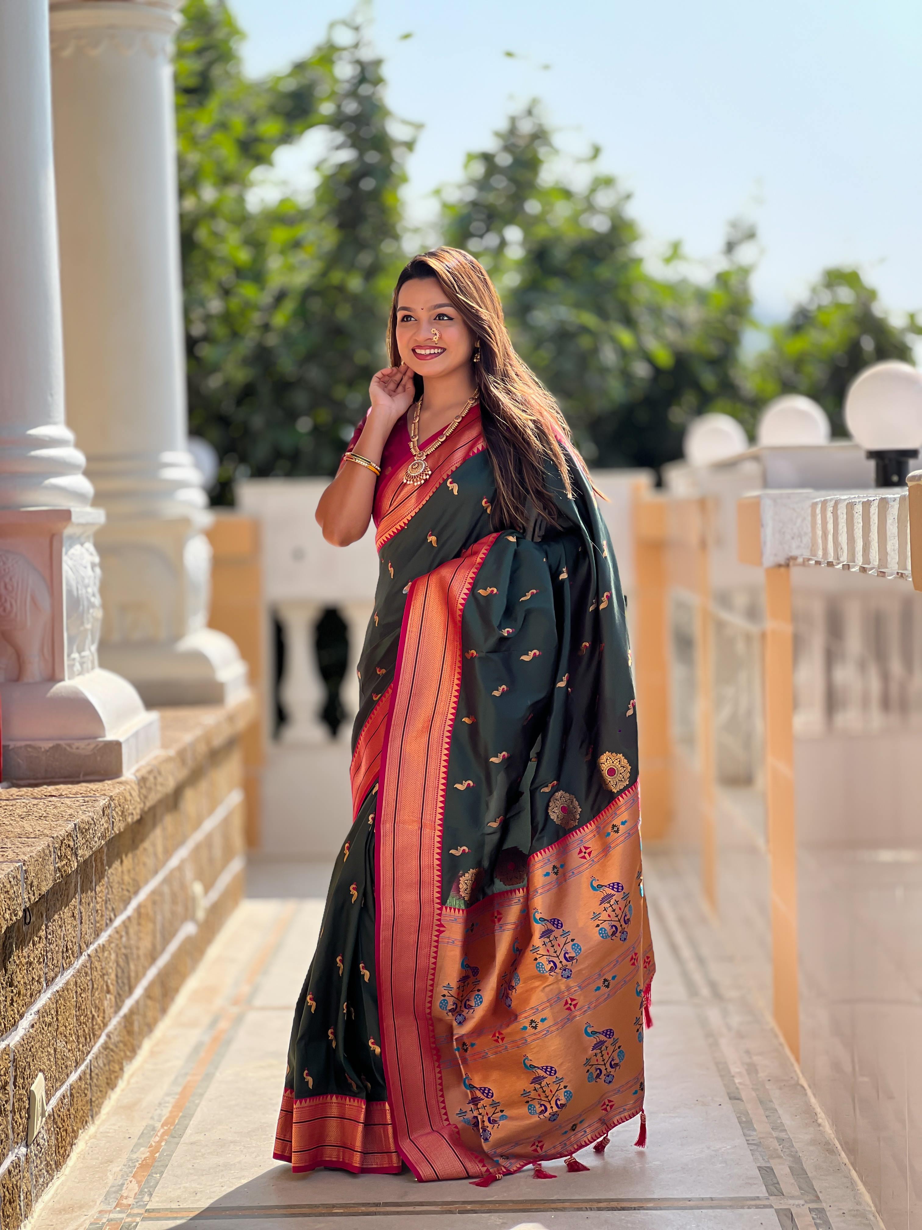 Bottle Green Traditional Paithani Silk Saree with Tassels & Latkans – Includes Matching Blouse