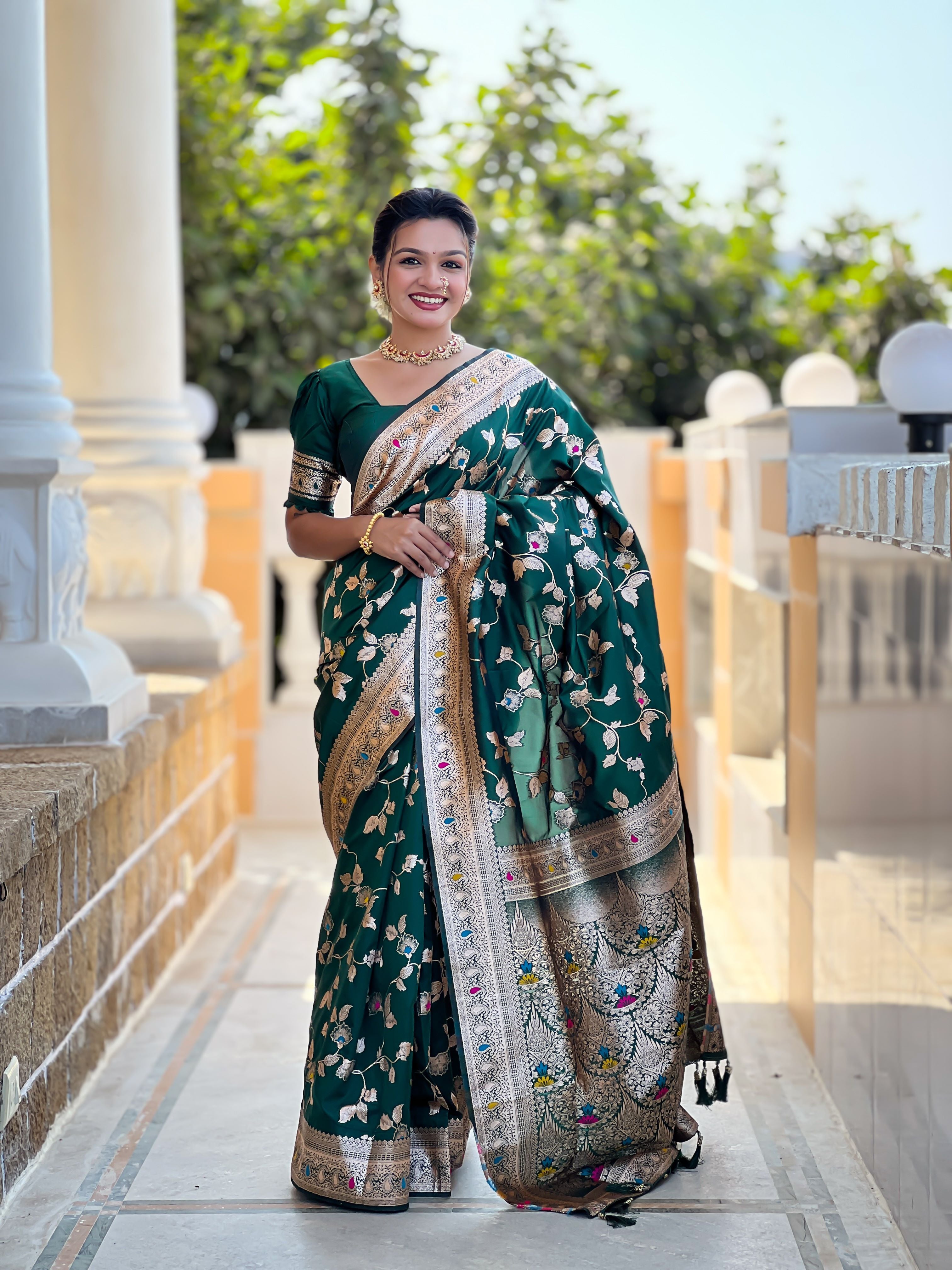 Bottle green Varni Fabrics Women's Traditional Banarasi Silk Saree with Woven Design & Blouse
