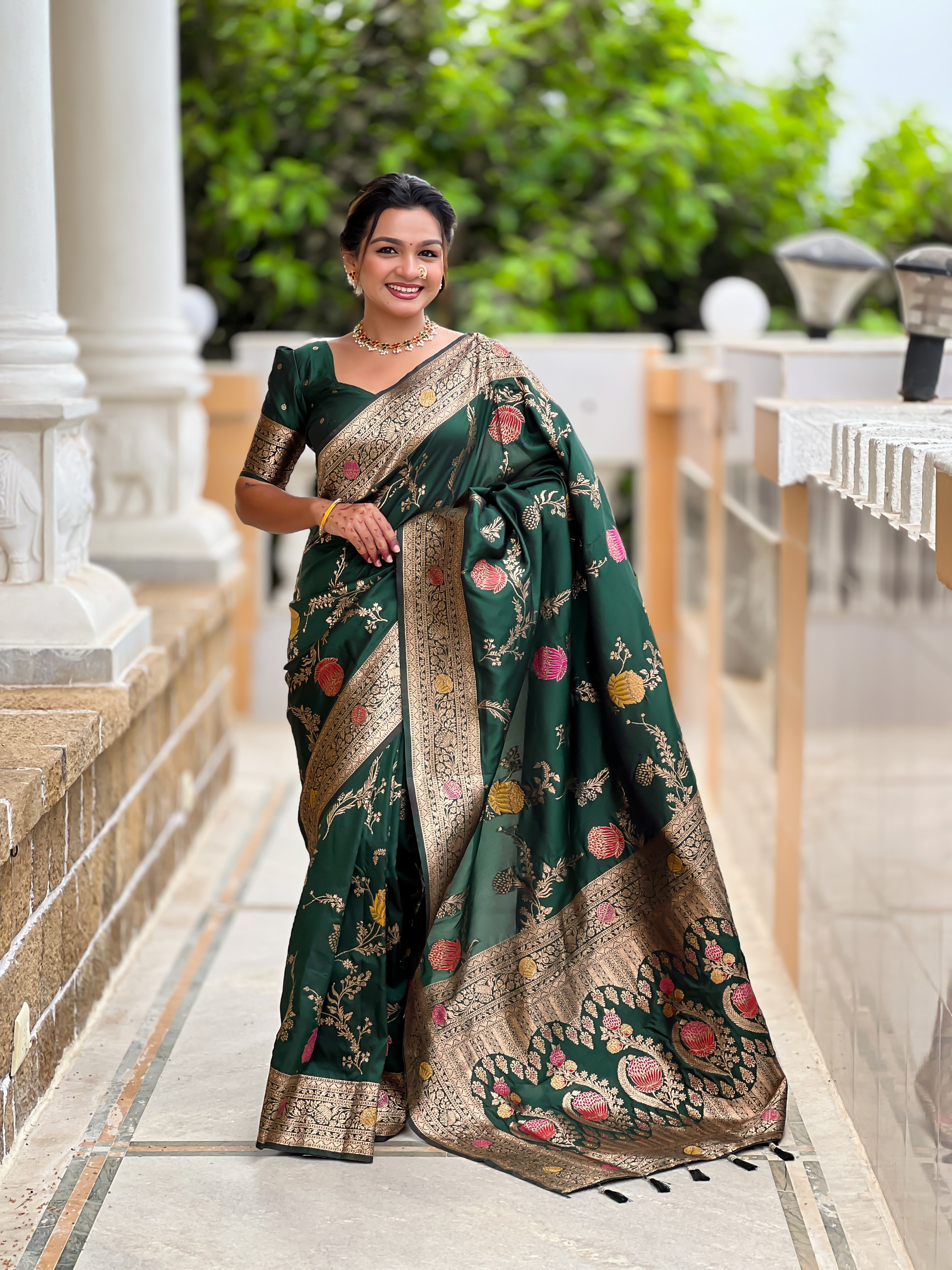 Bottle Green Designer Banarasi Silk Saree for Women – Aqua Green Woven Floral Saree with Blouse