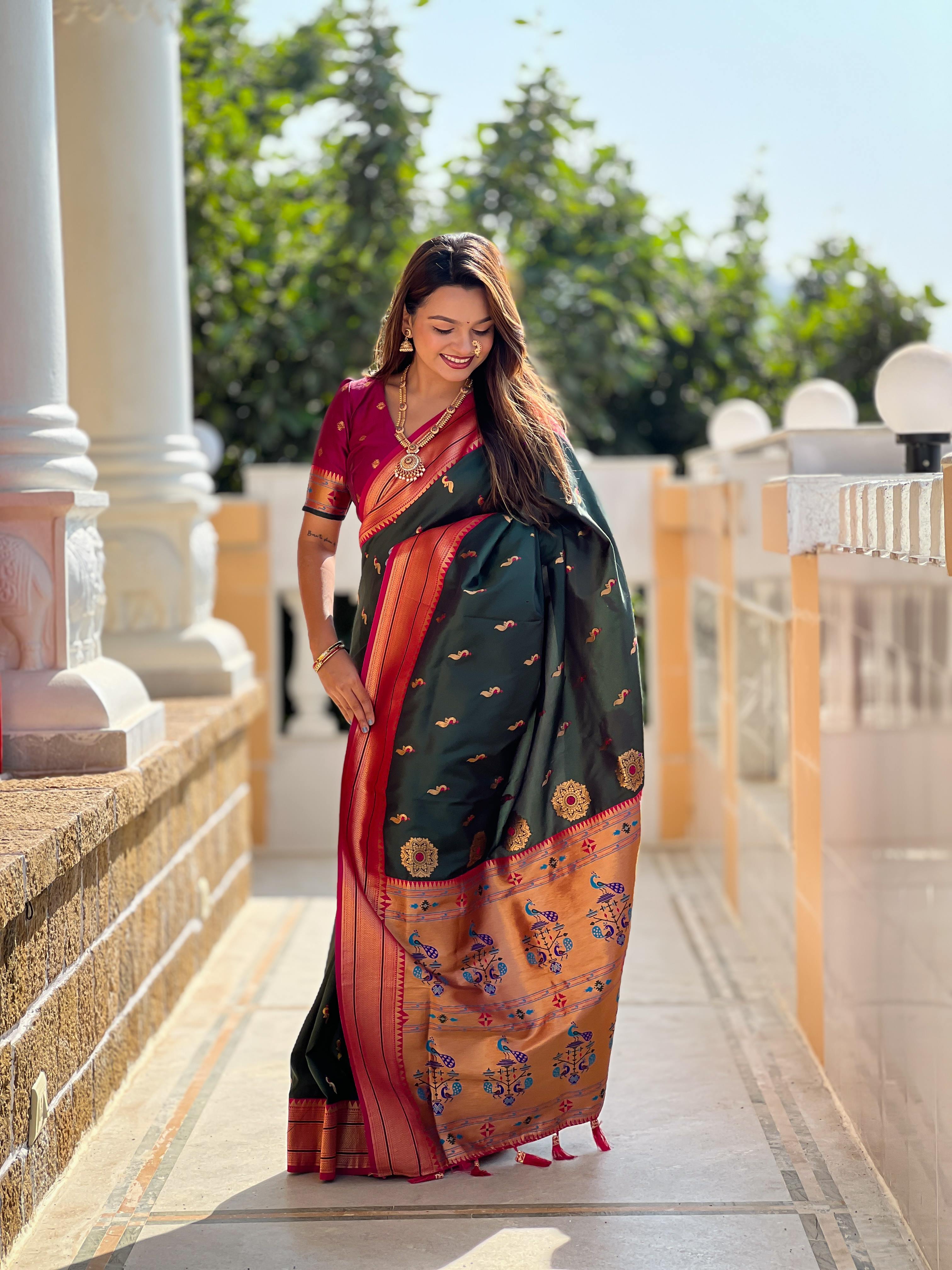 Bottle Green Traditional Paithani Silk Saree with Tassels & Latkans – Includes Matching Blouse