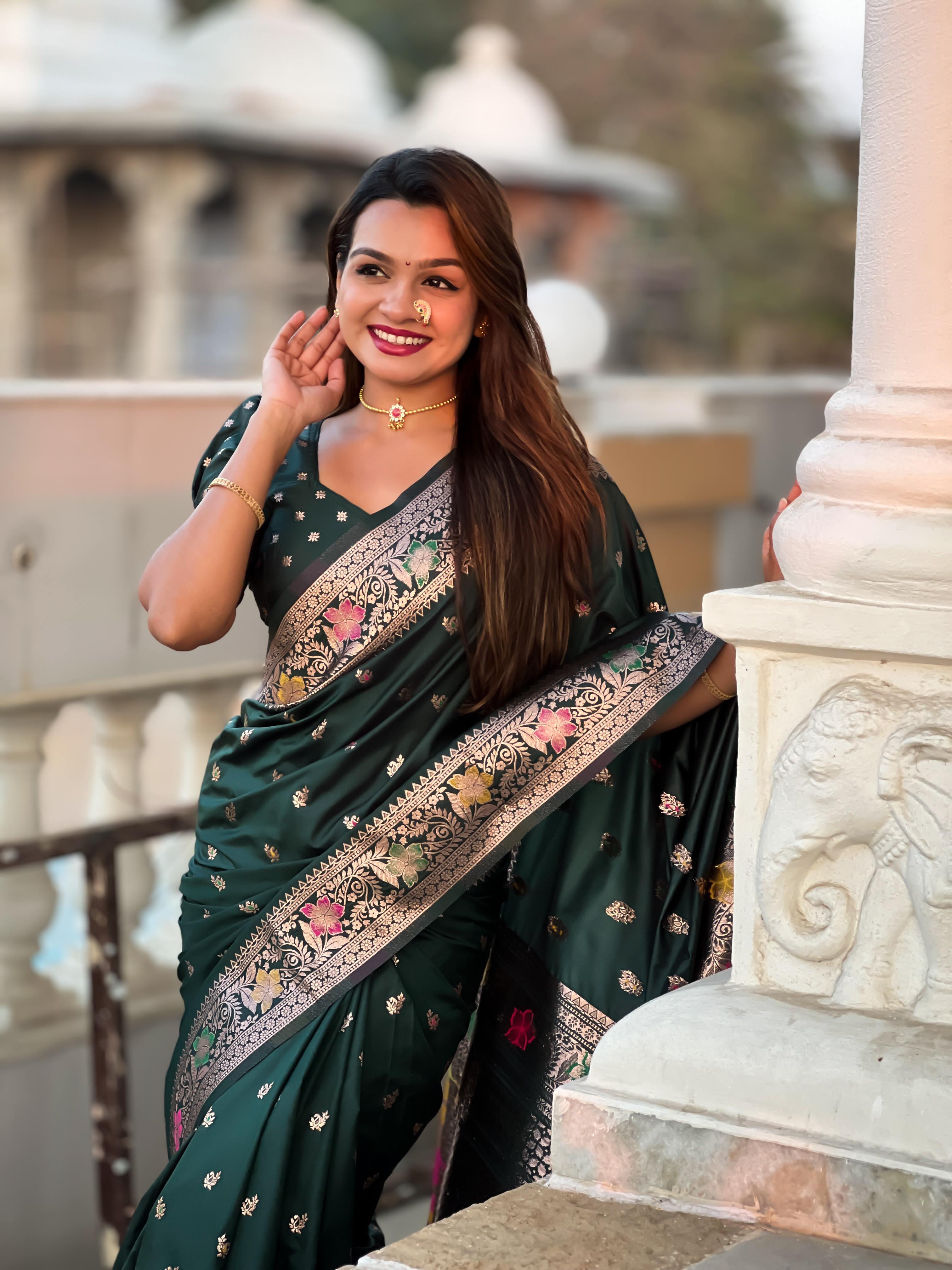 Bottle Green Varni Fabrics Women Paisley Banarasi Silk Embellished Saree comes With Matching Blouse