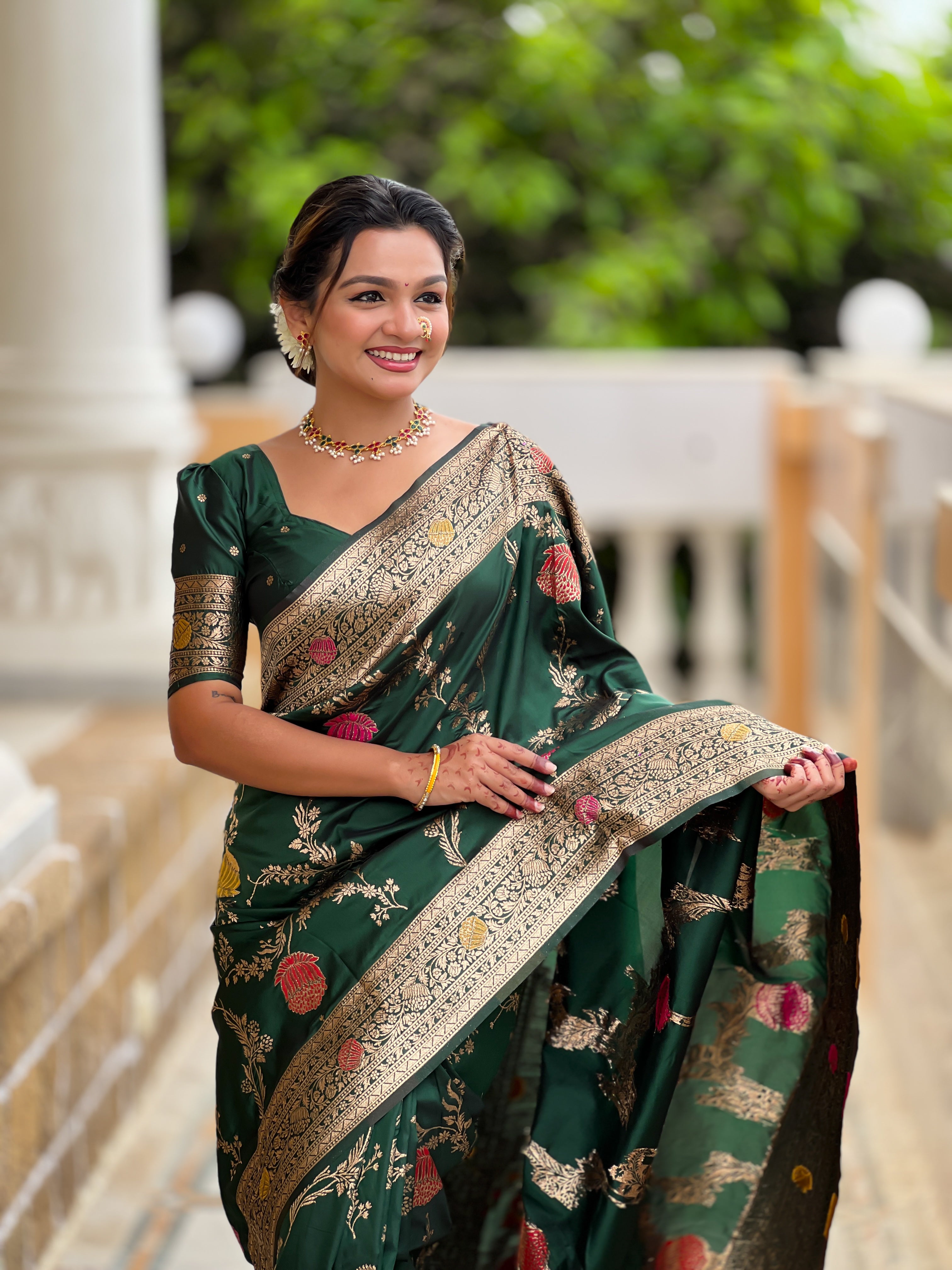 Bottle Green Designer Banarasi Silk Saree for Women – Aqua Green Woven Floral Saree with Blouse