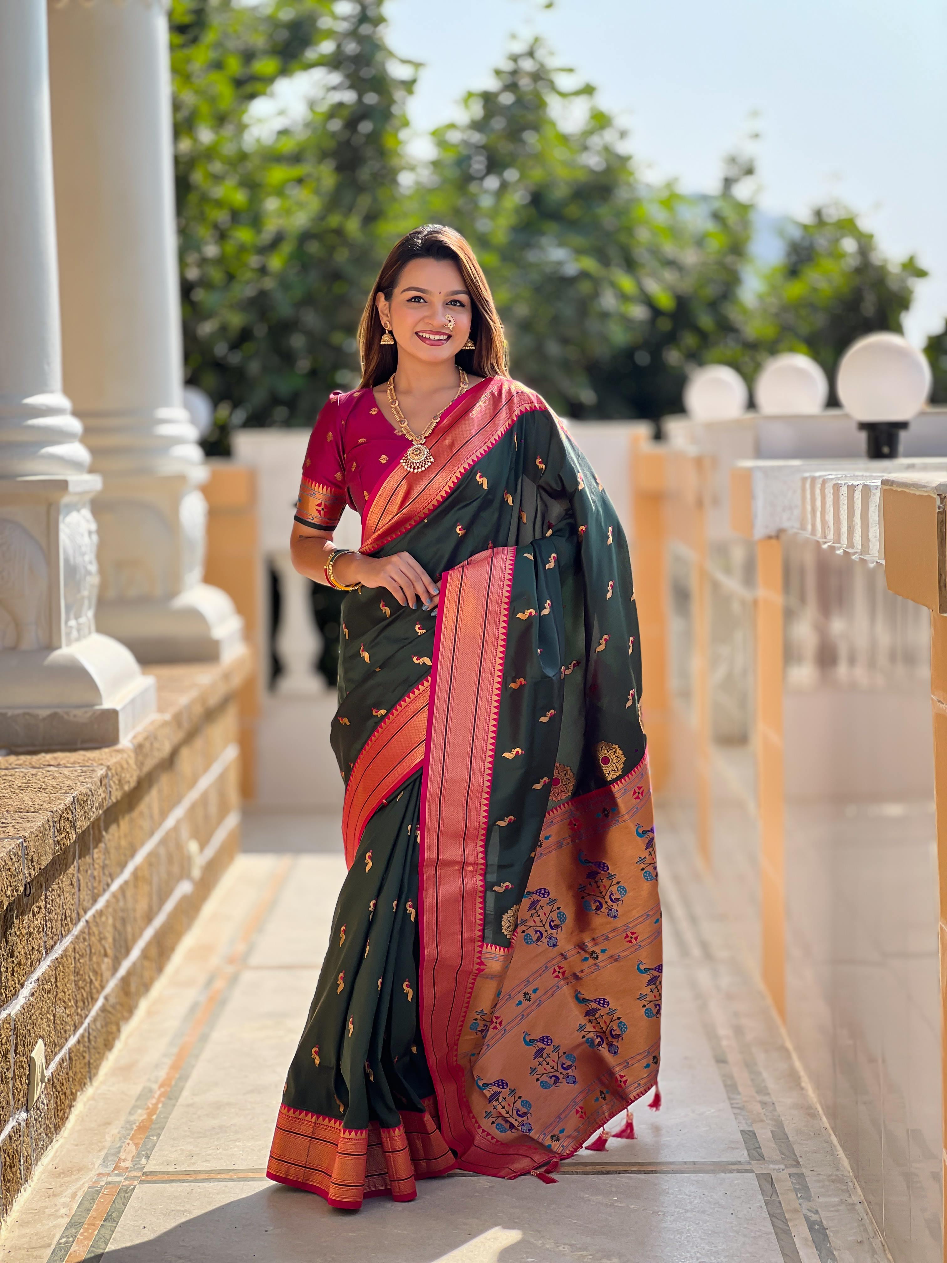 Bottle Green Traditional Paithani Silk Saree with Tassels & Latkans – Includes Matching Blouse