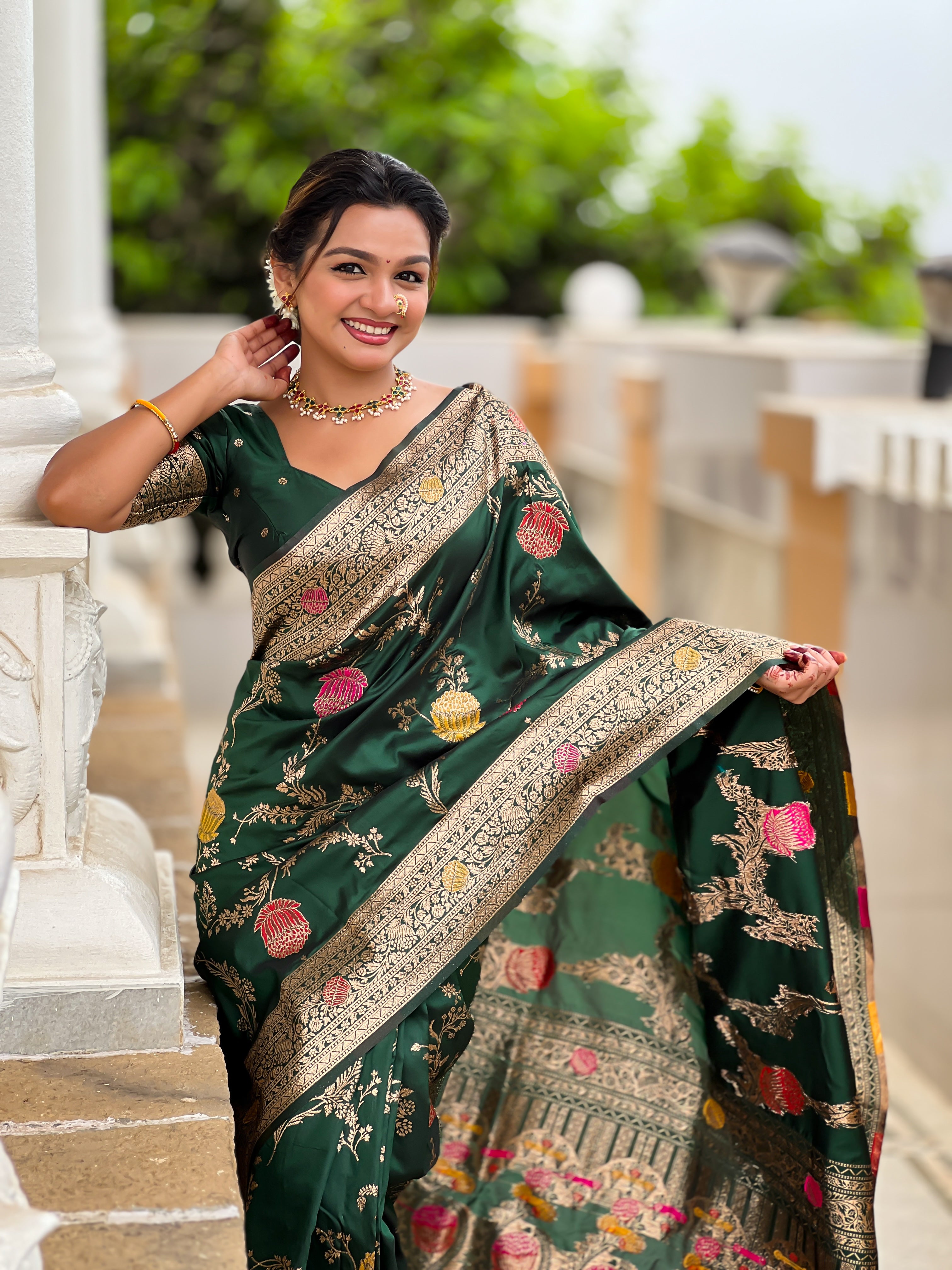 Bottle Green Designer Banarasi Silk Saree for Women – Aqua Green Woven Floral Saree with Blouse