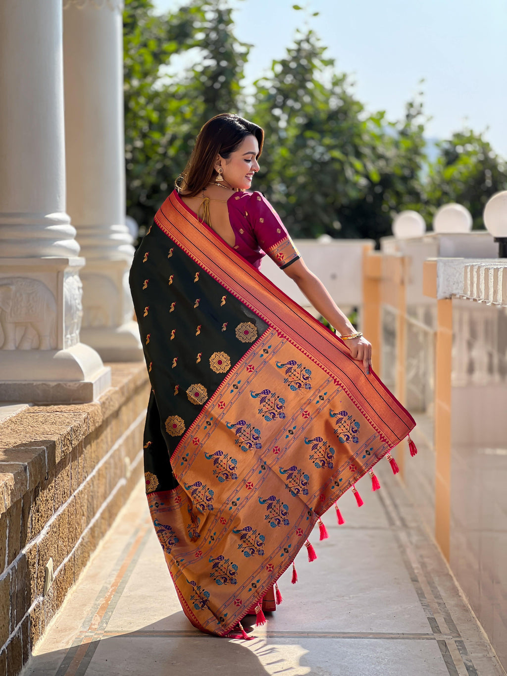 Bottle Green Traditional Paithani Silk Saree with Tassels & Latkans – Includes Matching Blouse