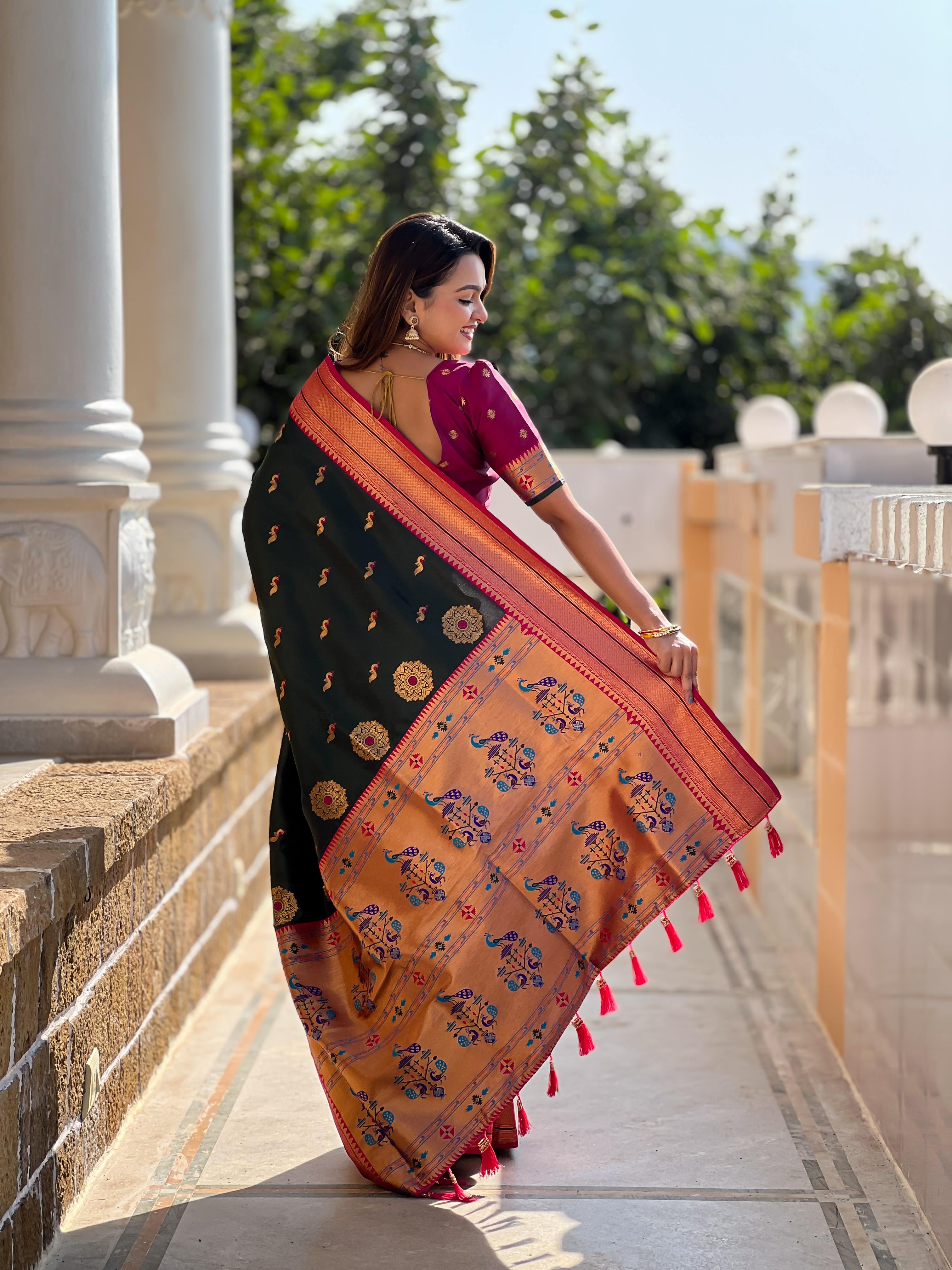 Bottle Green Traditional Paithani Silk Saree with Tassels & Latkans – Includes Matching Blouse