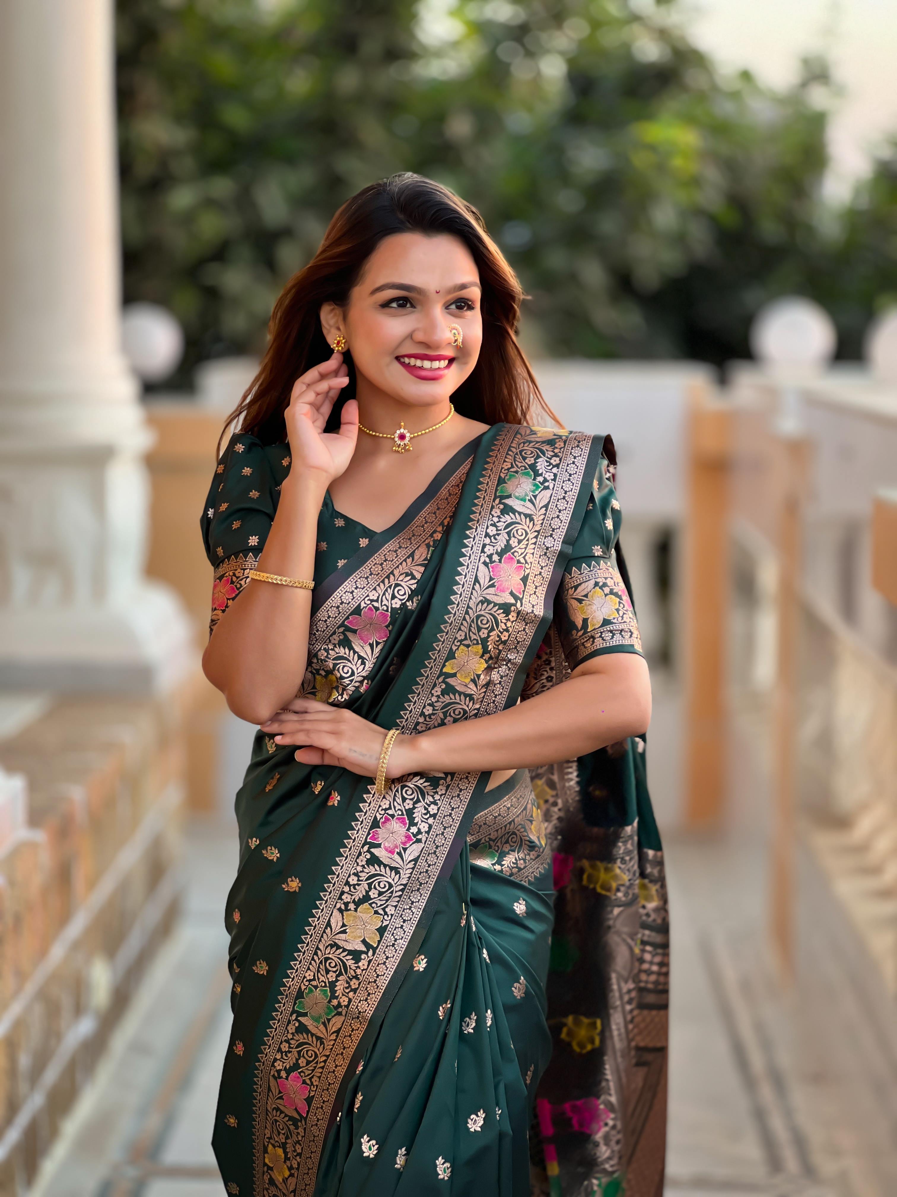 Bottle Green Varni Fabrics Women Paisley Banarasi Silk Embellished Saree comes With Matching Blouse