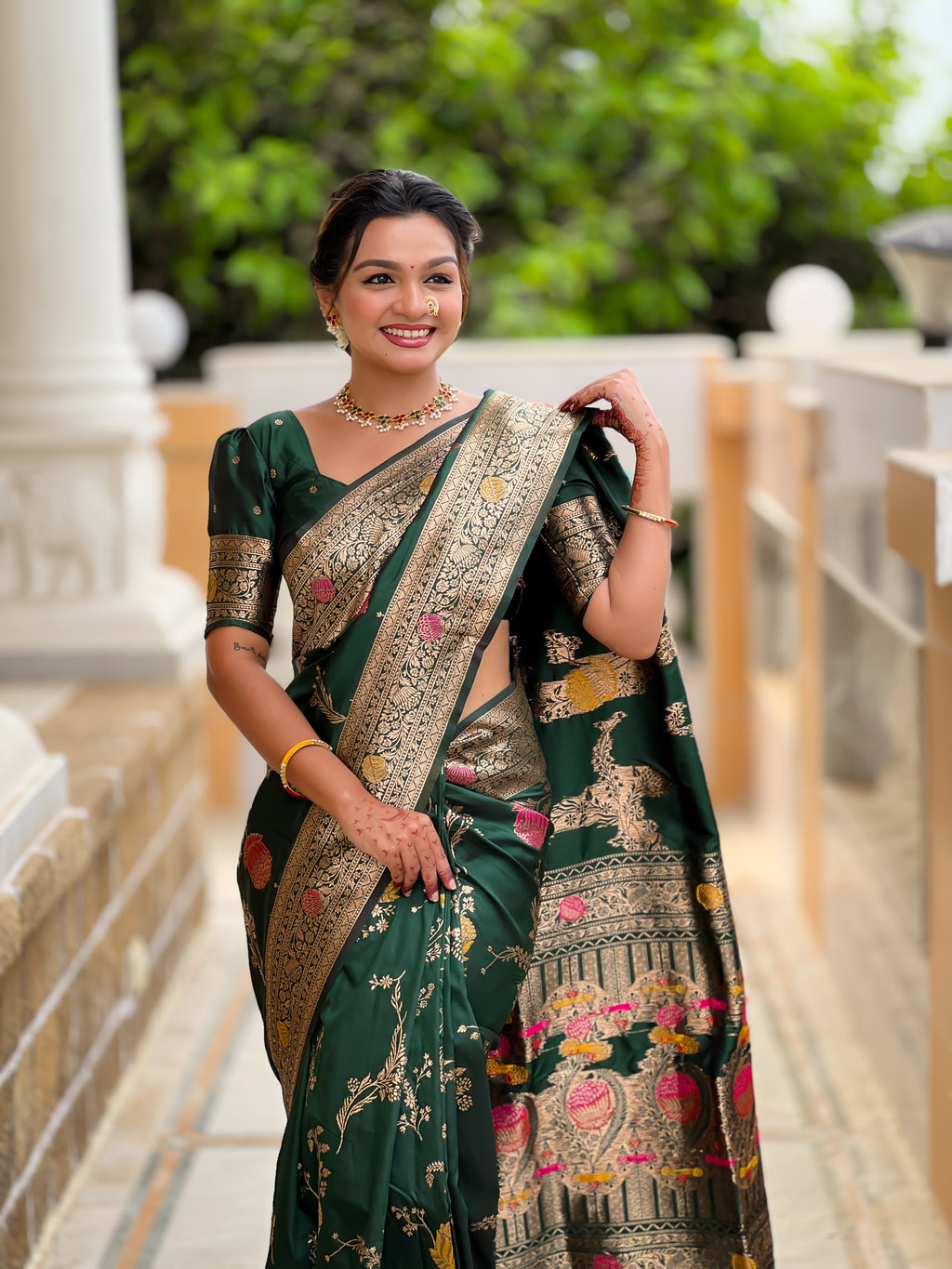 Bottle Green Designer Banarasi Silk Saree for Women – Aqua Green Woven Floral Saree with Blouse