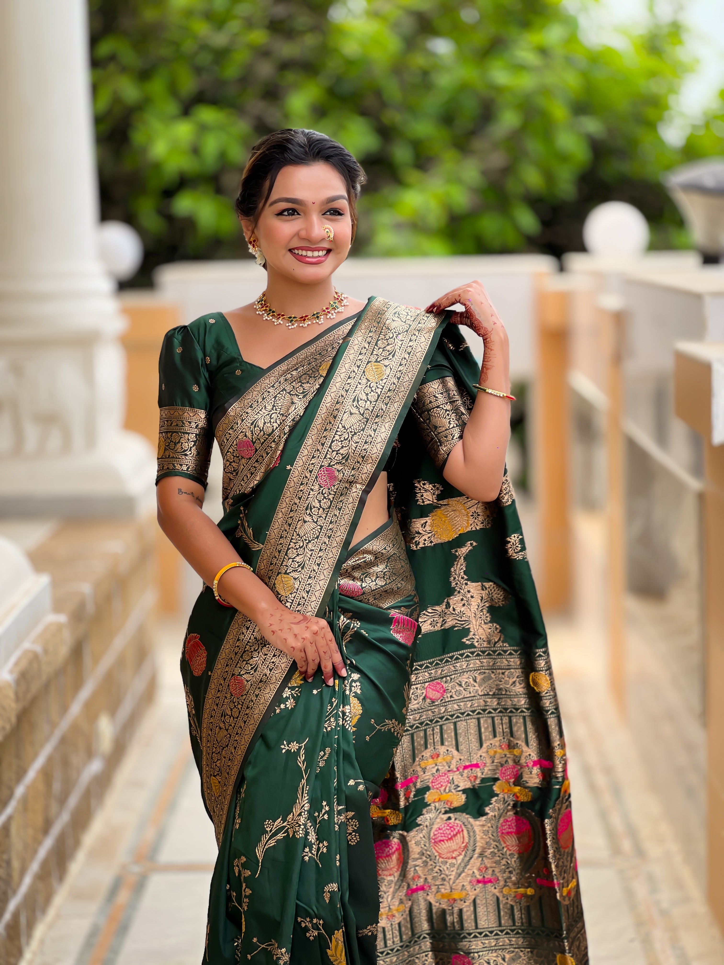 Bottle Green Designer Banarasi Silk Saree for Women – Aqua Green Woven Floral Saree with Blouse