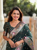Bottle Green Varni Fabrics Women Paisley Banarasi Silk Embellished Saree comes With Matching Blouse