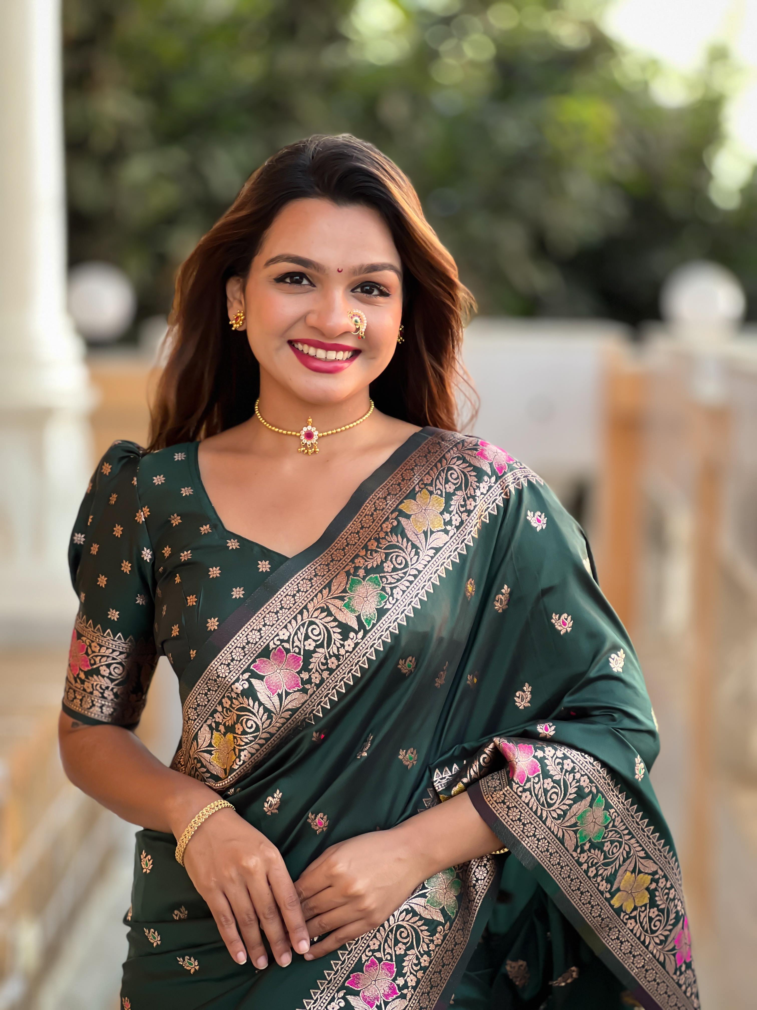 Bottle Green Varni Fabrics Women Paisley Banarasi Silk Embellished Saree comes With Matching Blouse