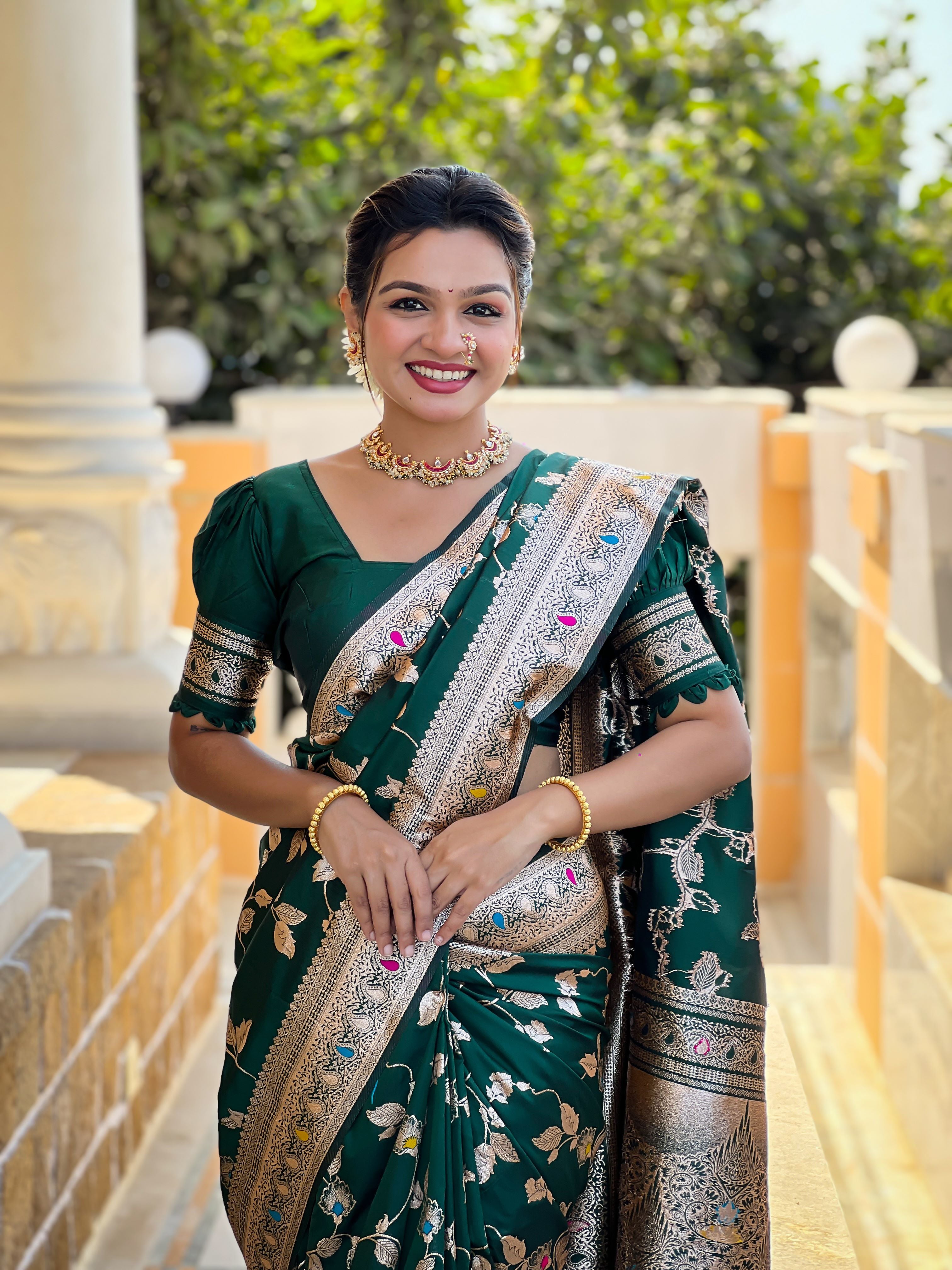 Bottle green Varni Fabrics Women's Traditional Banarasi Silk Saree with Woven Design & Blouse