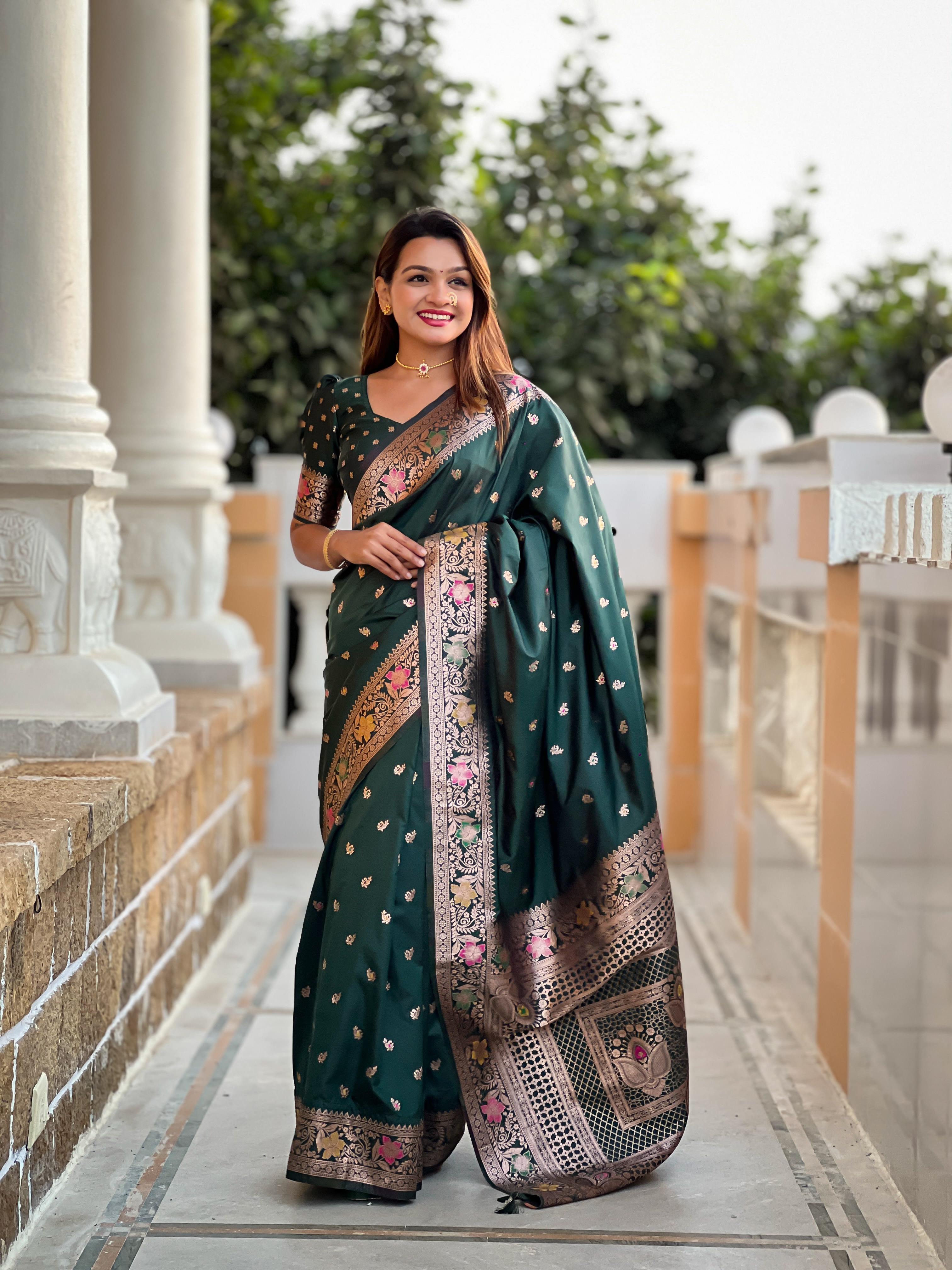 Bottle Green Varni Fabrics Women Paisley Banarasi Silk Embellished Saree comes With Matching Blouse