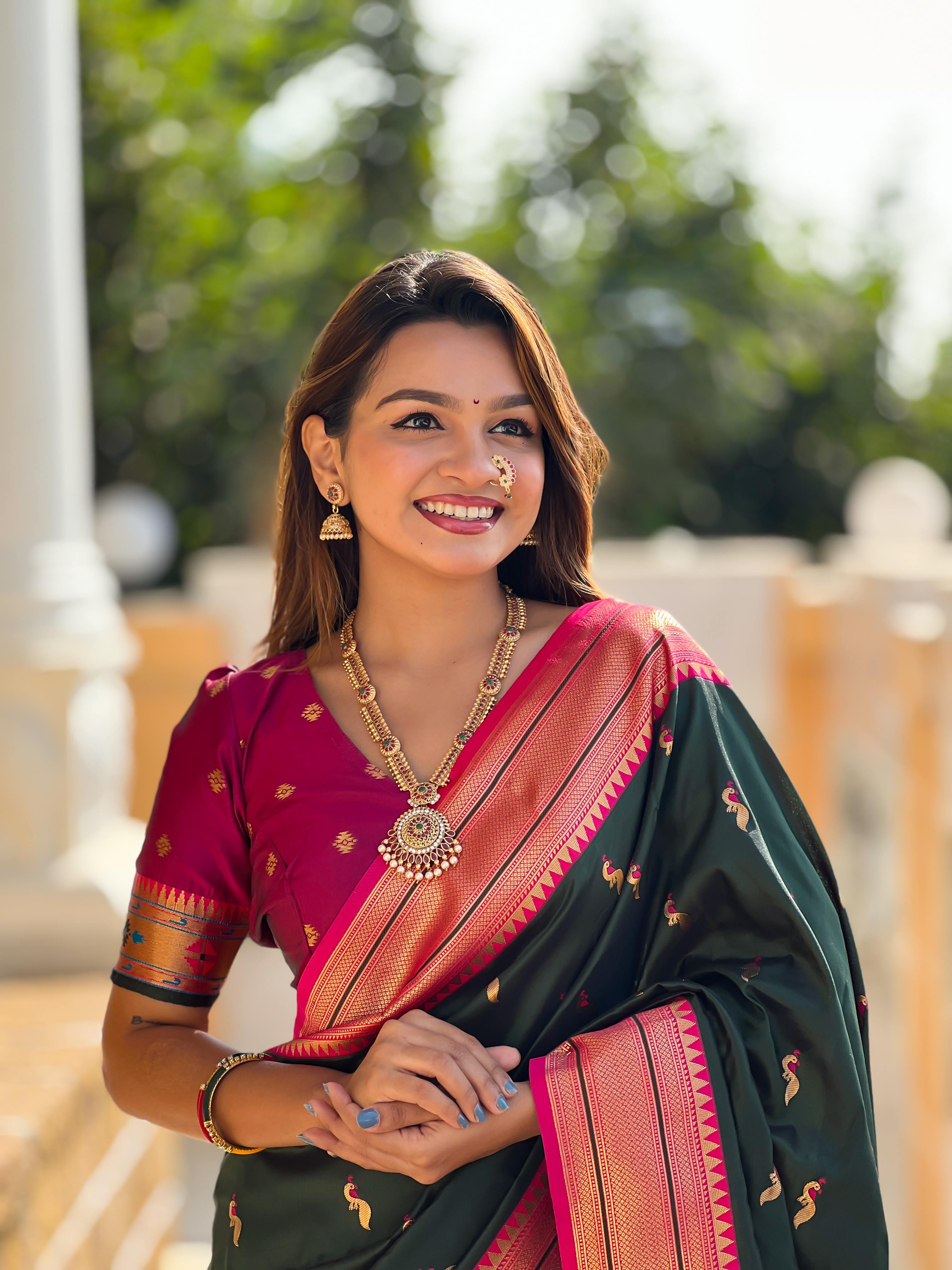Bottle Green Traditional Paithani Silk Saree with Tassels & Latkans – Includes Matching Blouse