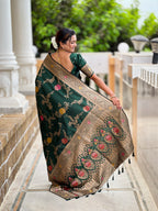 Bottle Green Designer Banarasi Silk Saree for Women – Aqua Green Woven Floral Saree with Blouse