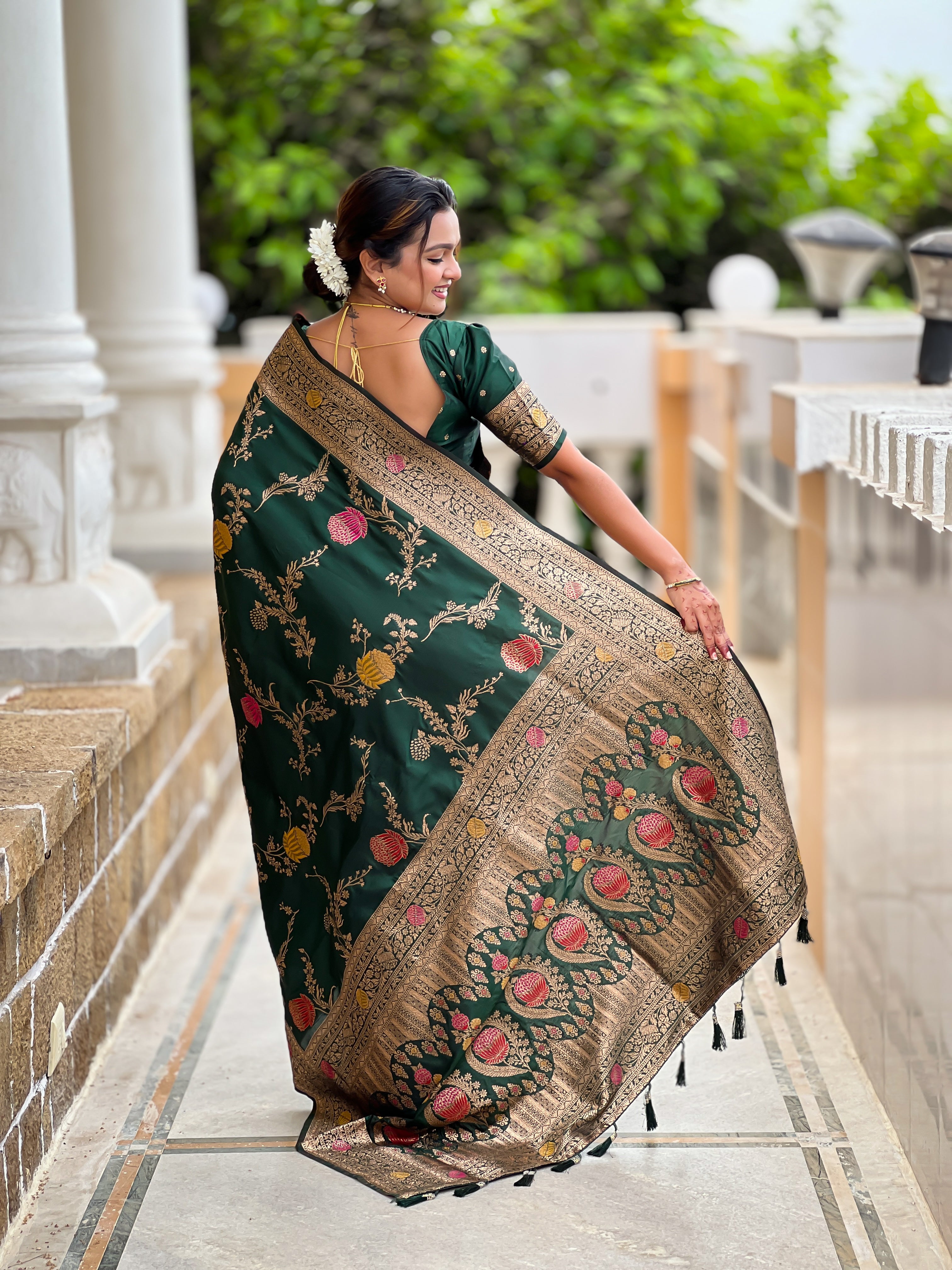 Bottle Green Designer Banarasi Silk Saree for Women – Aqua Green Woven Floral Saree with Blouse