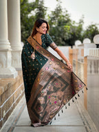 Bottle Green Varni Fabrics Women Paisley Banarasi Silk Embellished Saree comes With Matching Blouse