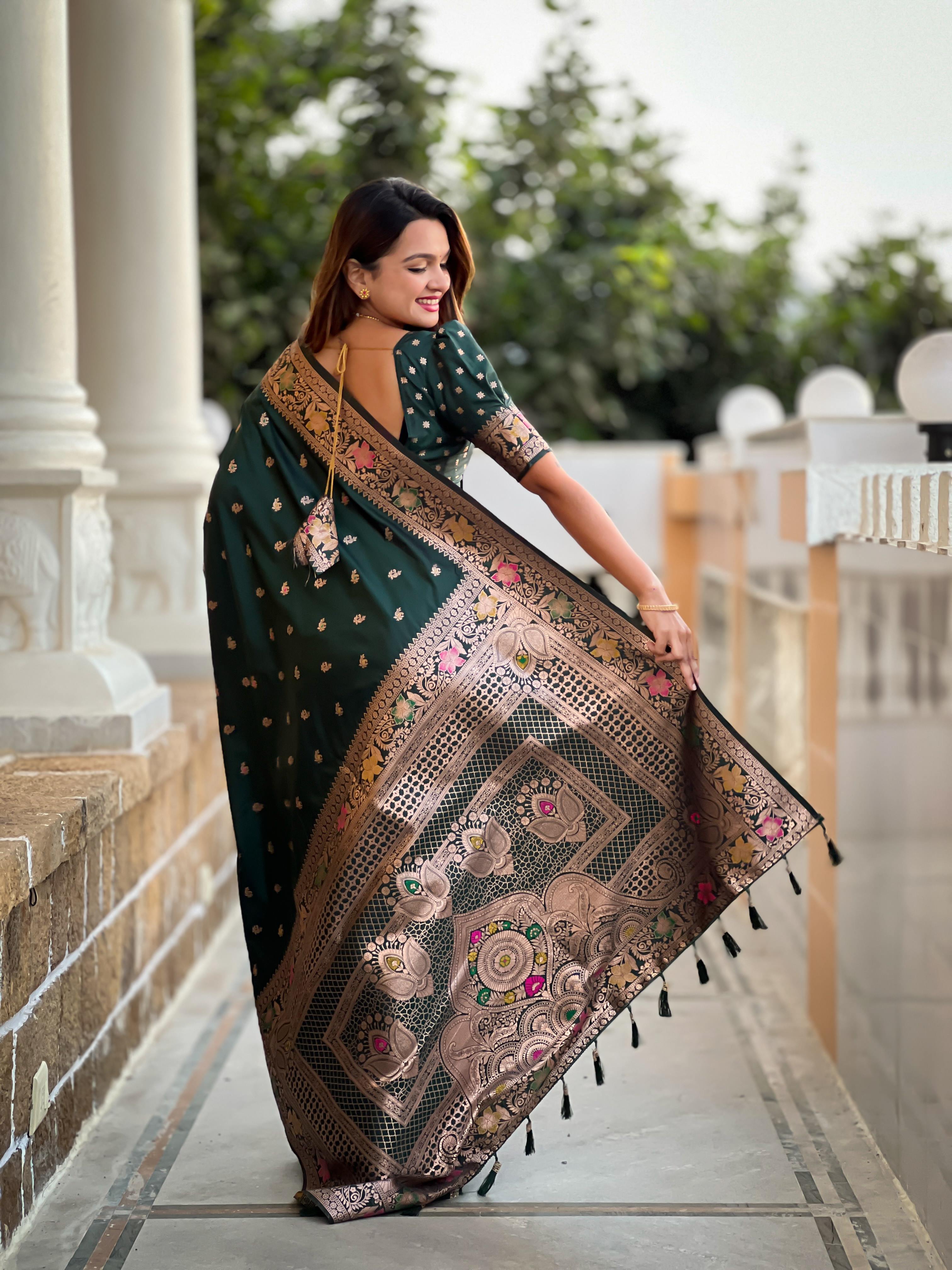Bottle Green Varni Fabrics Women Paisley Banarasi Silk Embellished Saree comes With Matching Blouse