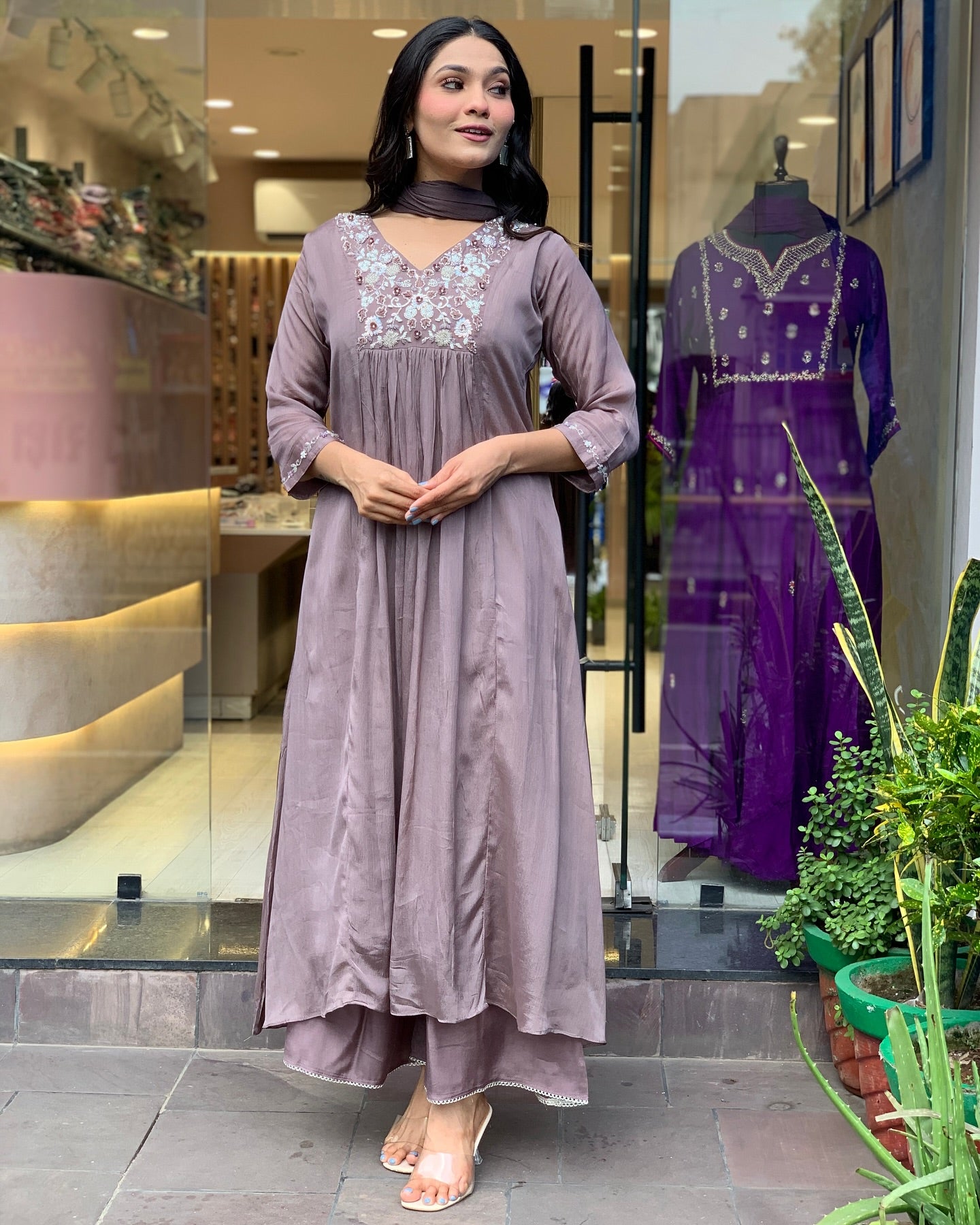 Women's Brown Viscose Chinnon Embroidered Plain Kurta Set with Dupatta