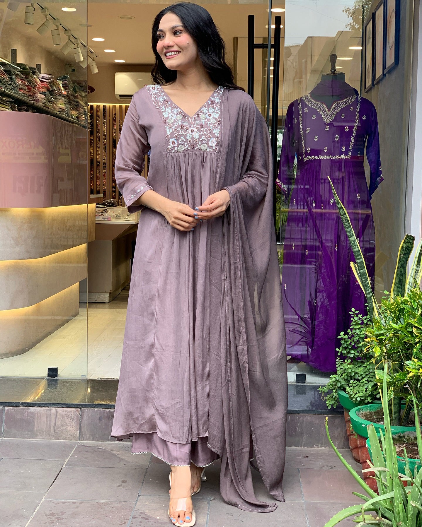 Women's Brown Viscose Chinnon Embroidered Plain Kurta Set with Dupatta