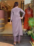 Women's Brown Viscose Chinnon Embroidered Plain Kurta Set with Dupatta