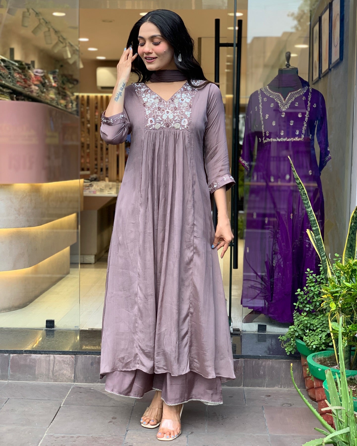 Women's Brown Viscose Chinnon Embroidered Plain Kurta Set with Dupatta