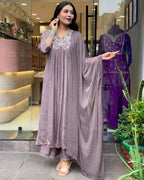 Women's Brown Viscose Chinnon Embroidered Plain Kurta Set with Dupatta