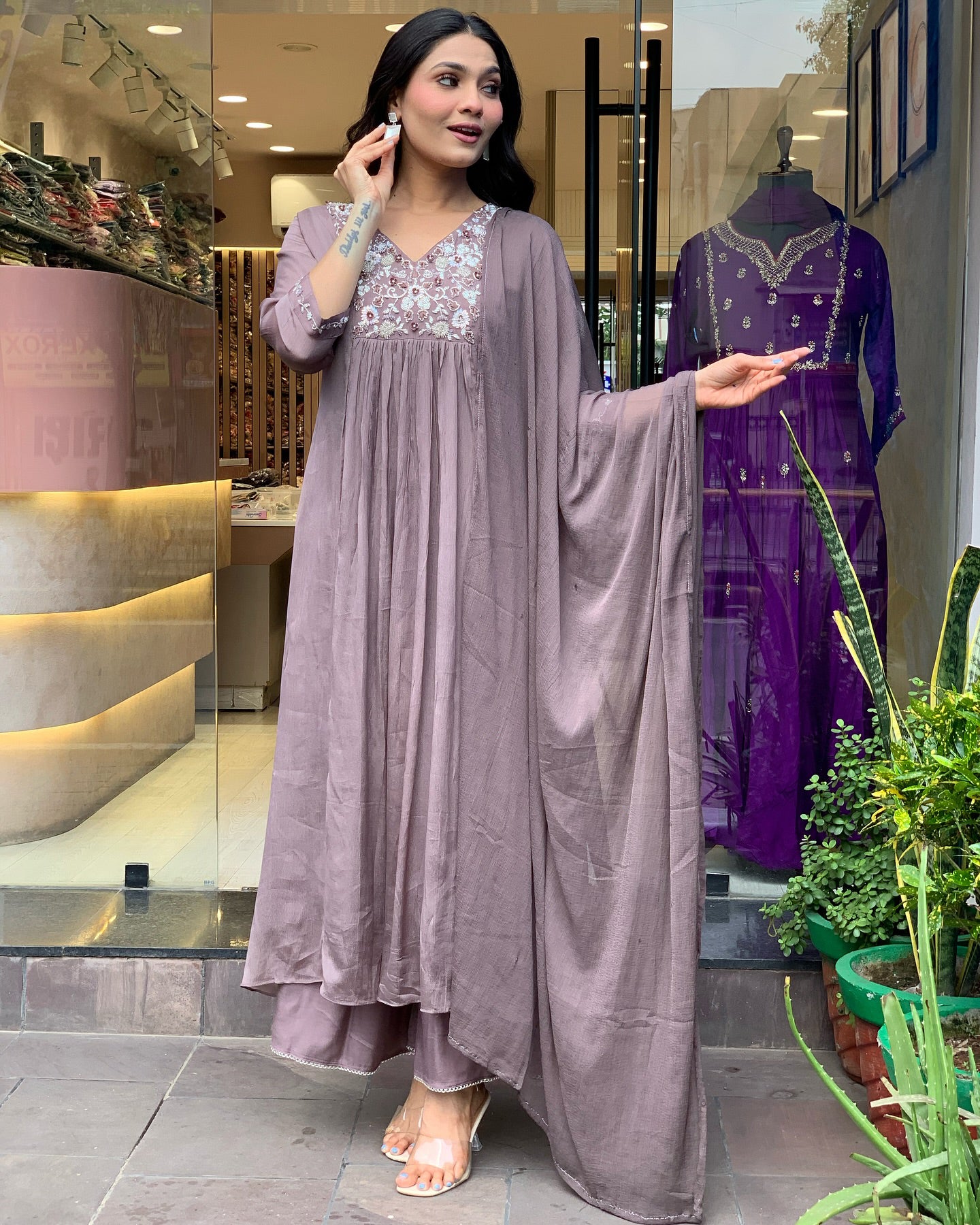 Women's Brown Viscose Chinnon Embroidered Plain Kurta Set with Dupatta