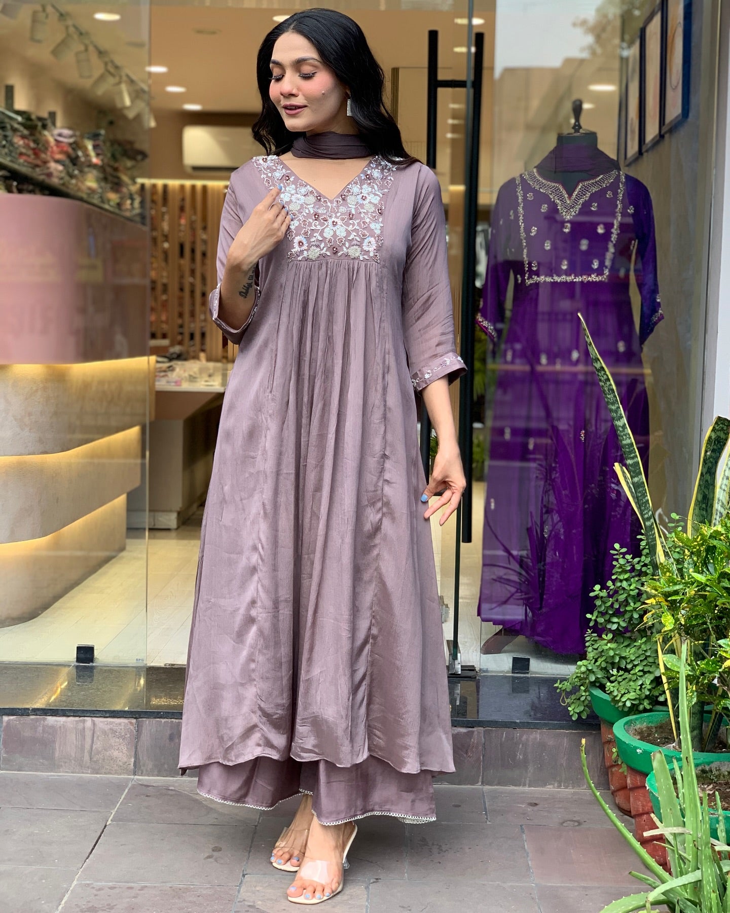 Women's Brown Viscose Chinnon Embroidered Plain Kurta Set with Dupatta
