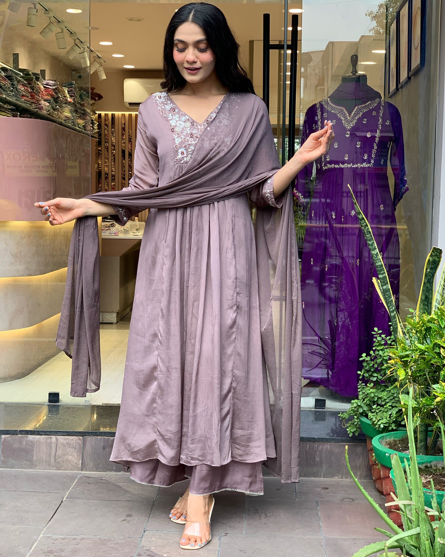 Women's Brown Viscose Chinnon Embroidered Plain Kurta Set with Dupatta