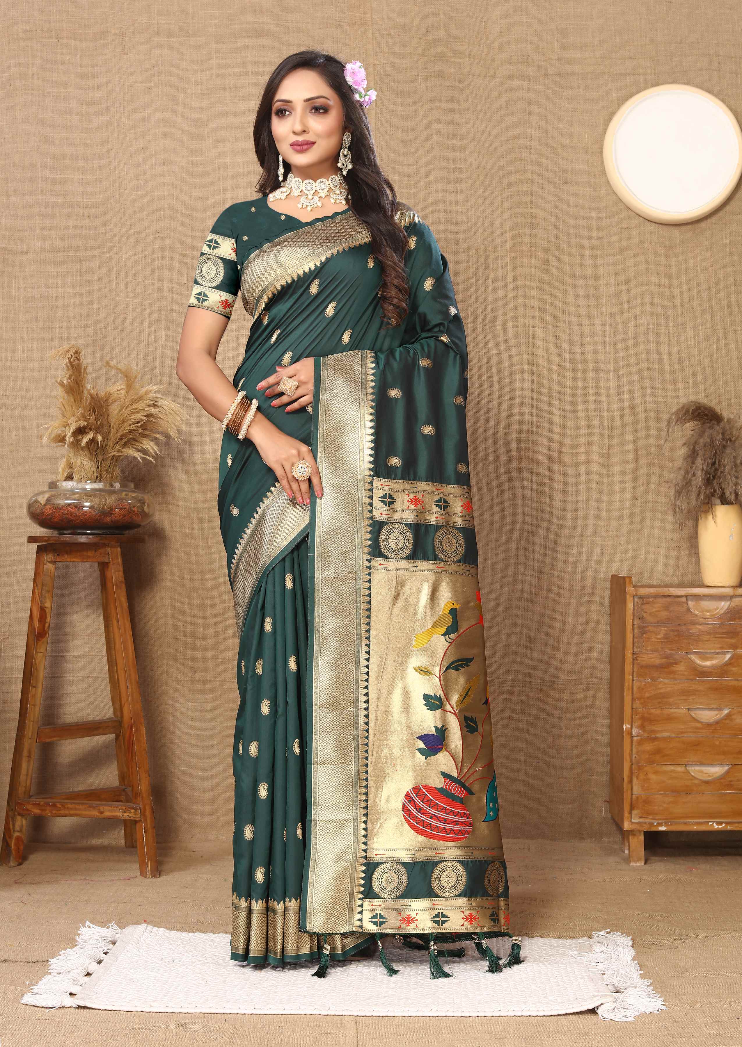 Dark Green Soft Paithani Silk Saree with Zari Motifs, Meenakari Pallu & Contrast Blouse