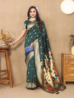 Dark Green Soft Paithani Silk Saree with Zari Motifs, Meenakari Pallu & Contrast Blouse