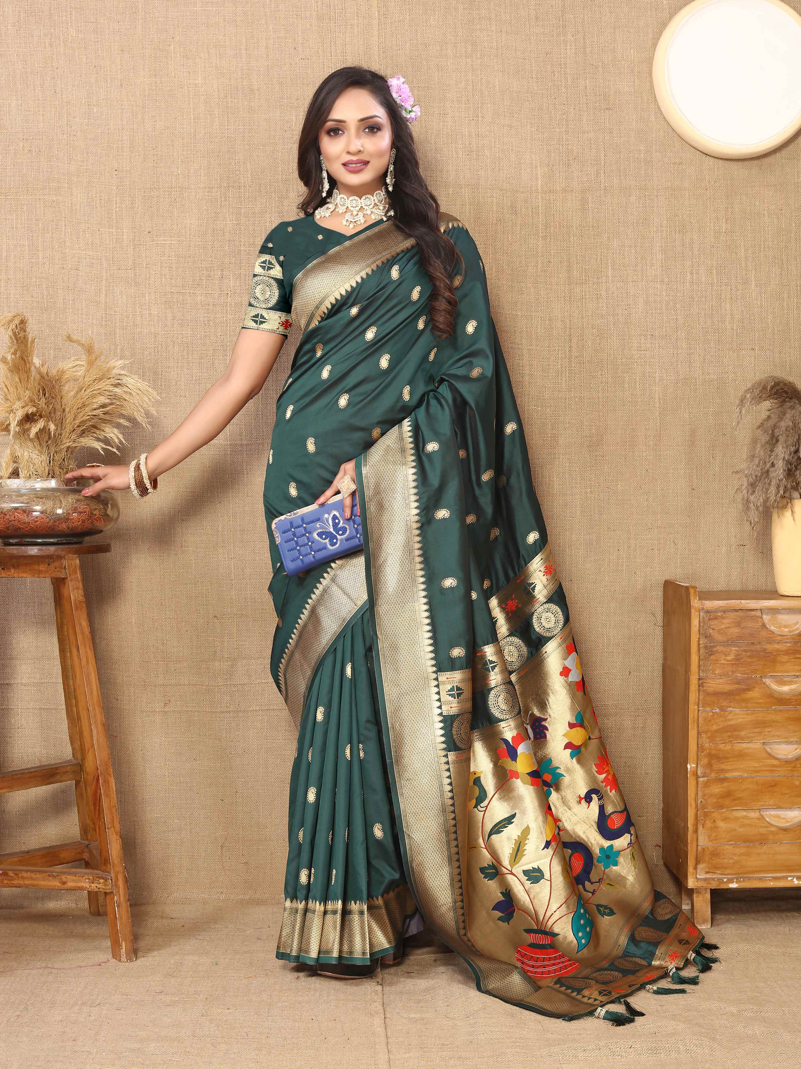 Dark Green Soft Paithani Silk Saree with Zari Motifs, Meenakari Pallu & Contrast Blouse
