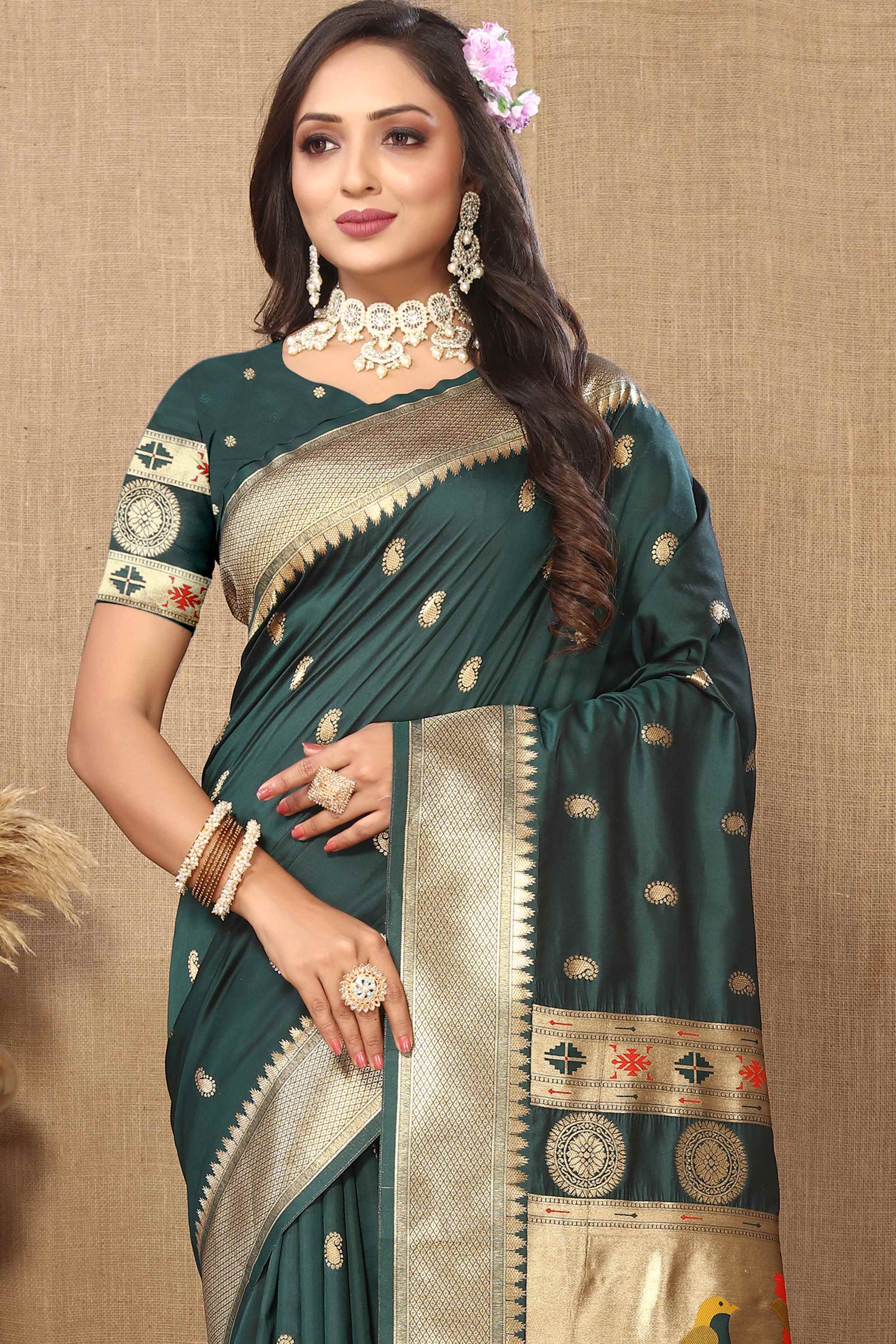 Dark Green Soft Paithani Silk Saree with Zari Motifs, Meenakari Pallu & Contrast Blouse