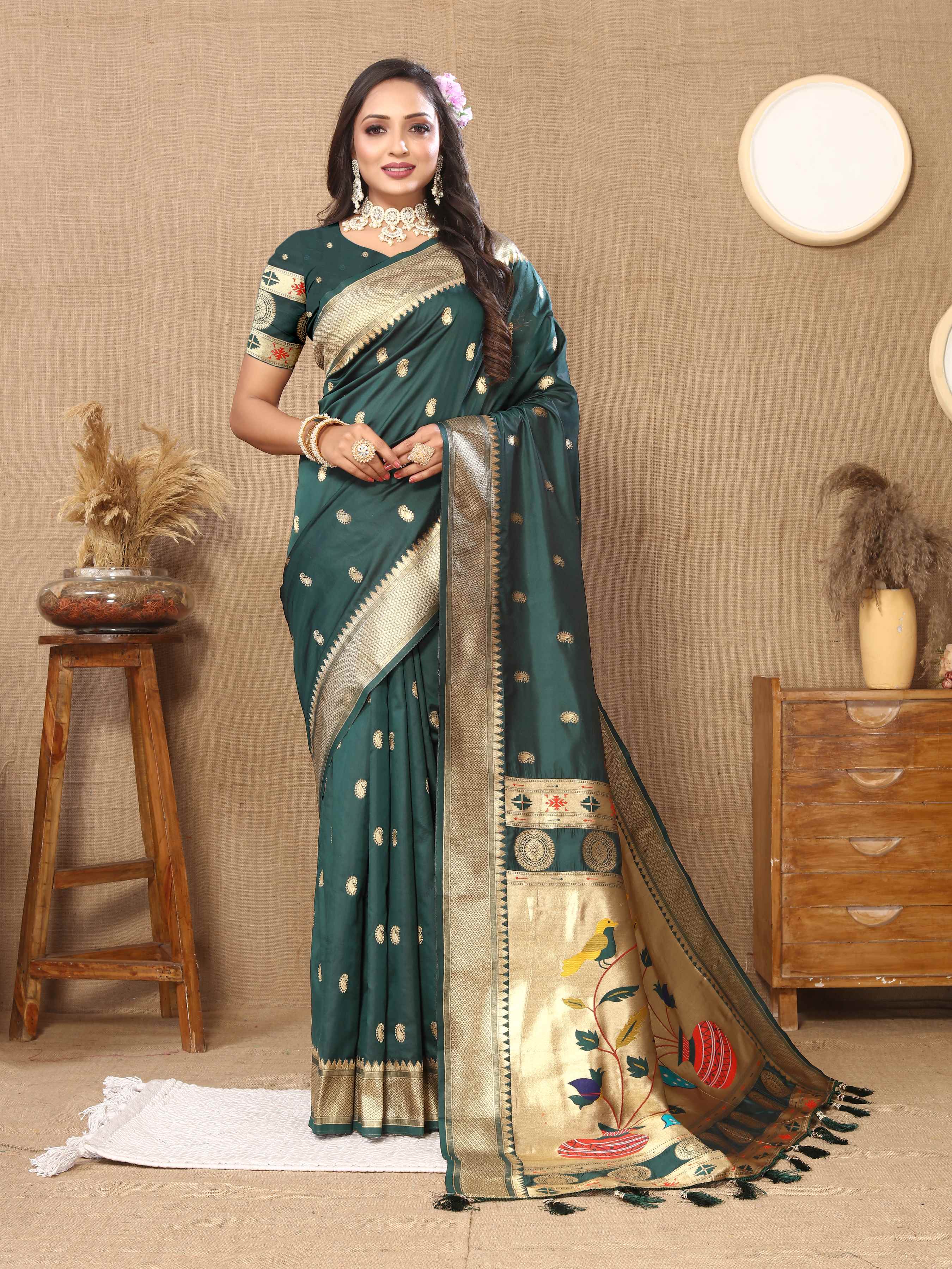 Dark Green Soft Paithani Silk Saree with Zari Motifs, Meenakari Pallu & Contrast Blouse