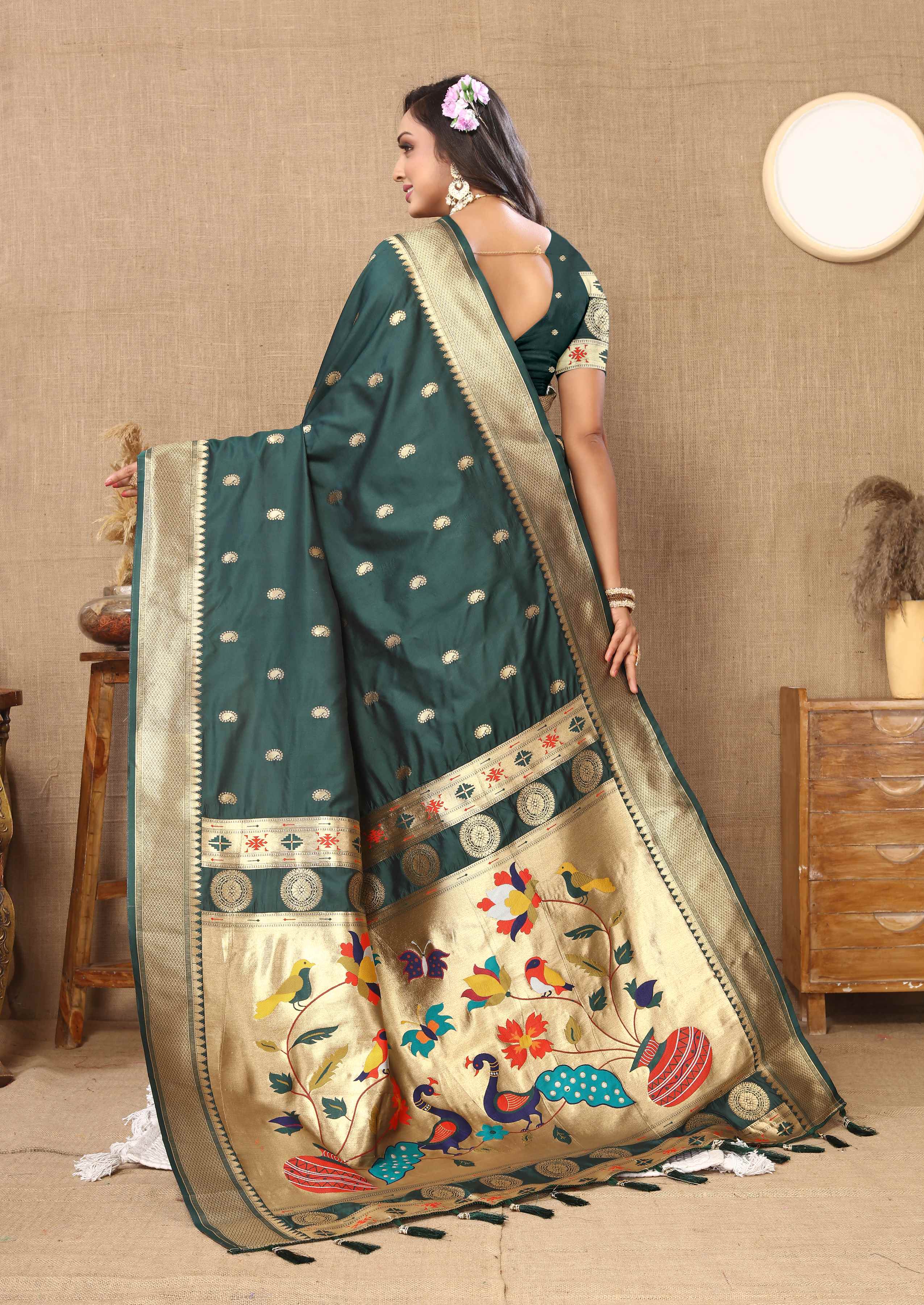 Dark Green Soft Paithani Silk Saree with Zari Motifs, Meenakari Pallu & Contrast Blouse