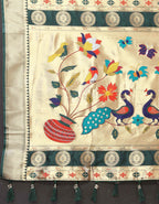 Dark Green Soft Paithani Silk Saree with Zari Motifs, Meenakari Pallu & Contrast Blouse