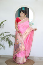 Baby Pink Soft Paithani Silk Saree with Zari Motifs, Meenakari Rich Pallu & Contrast Blouse