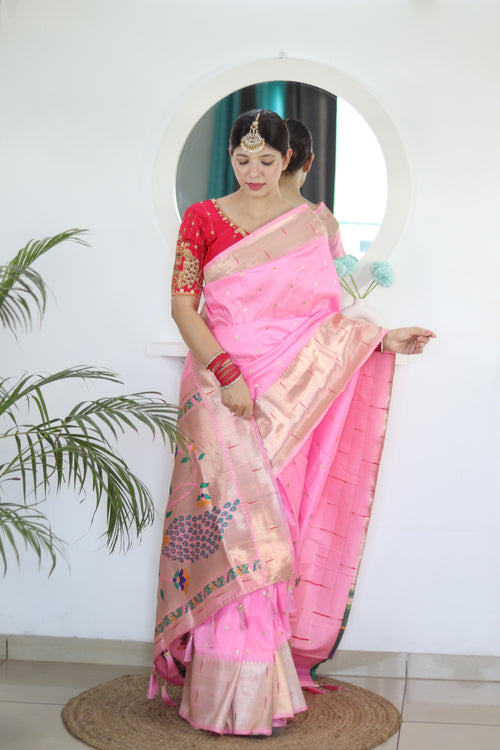 Baby Pink Soft Paithani Silk Saree with Zari Motifs, Meenakari Rich Pallu & Contrast Blouse
