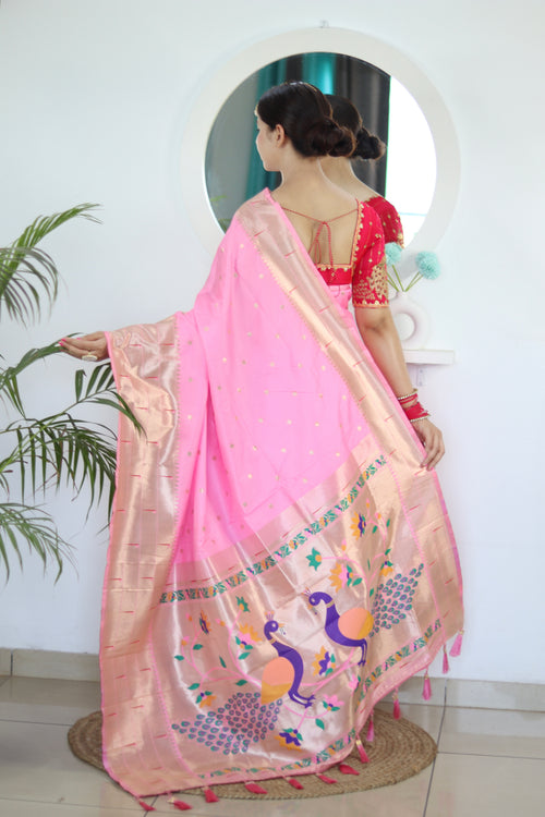 Baby Pink Soft Paithani Silk Saree with Zari Motifs, Meenakari Rich Pallu & Contrast Blouse