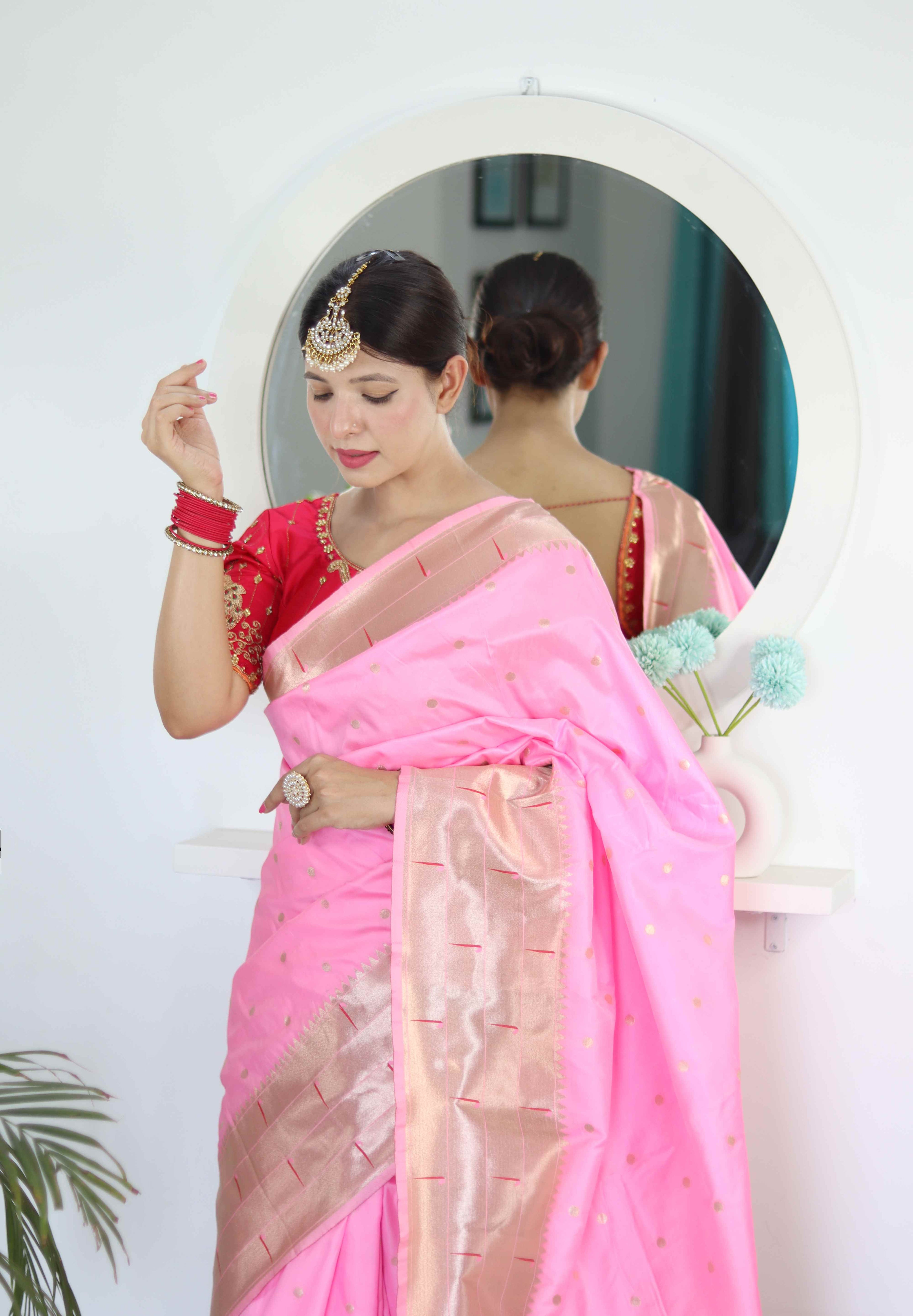 Baby Pink Soft Paithani Silk Saree with Zari Motifs, Meenakari Rich Pallu & Contrast Blouse