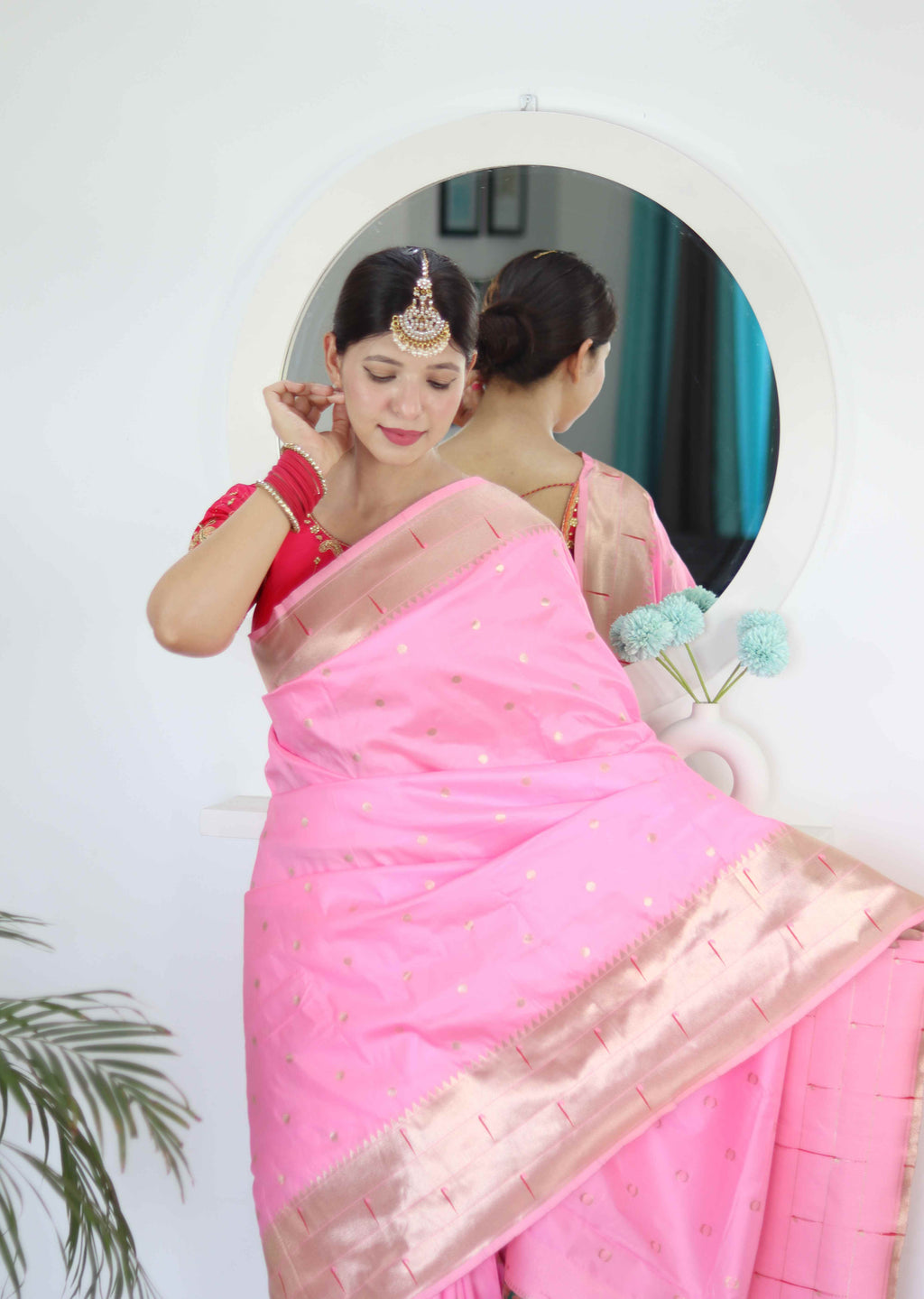 Baby Pink Soft Paithani Silk Saree with Zari Motifs, Meenakari Rich Pallu & Contrast Blouse