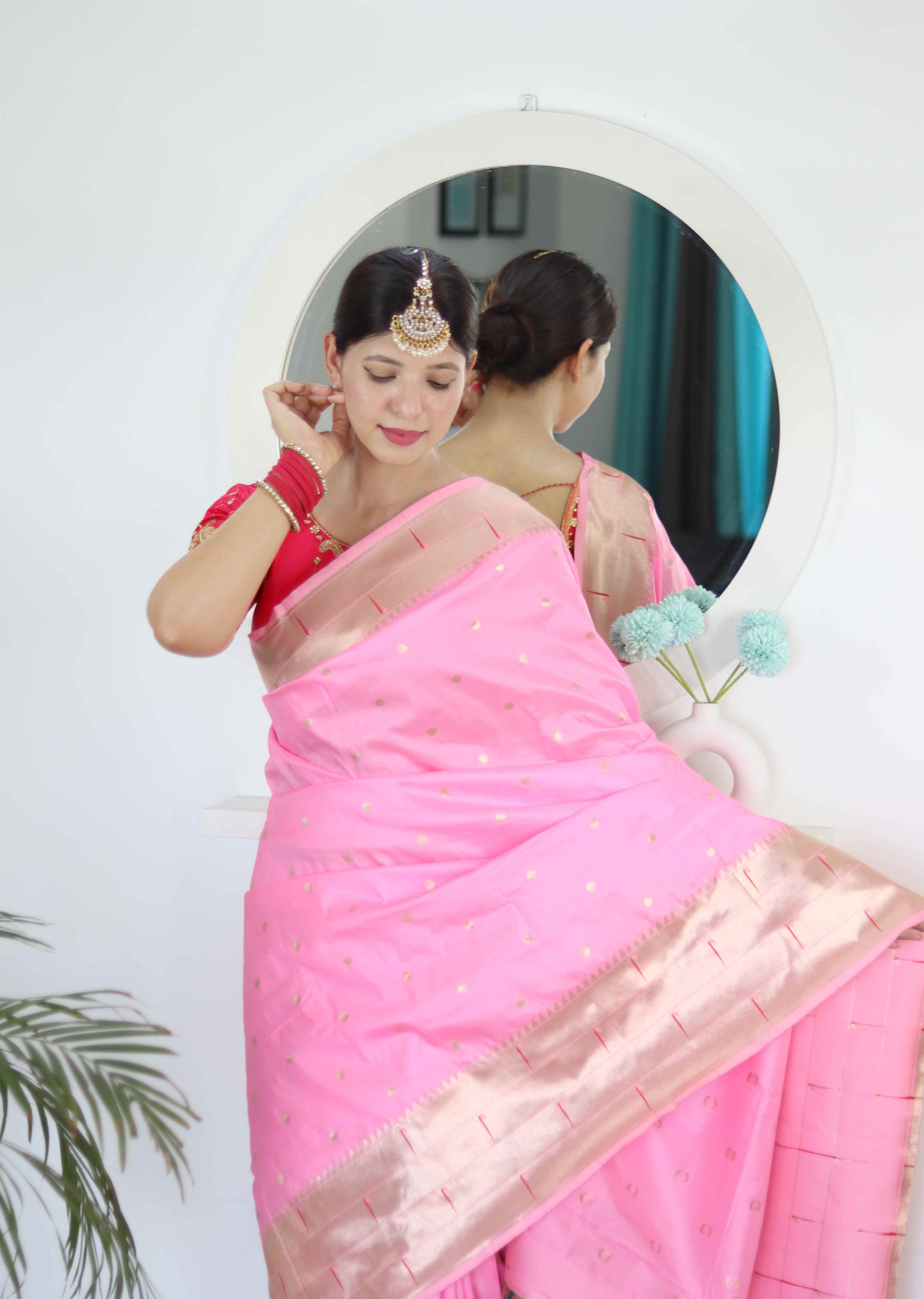 Baby Pink Soft Paithani Silk Saree with Zari Motifs, Meenakari Rich Pallu & Contrast Blouse