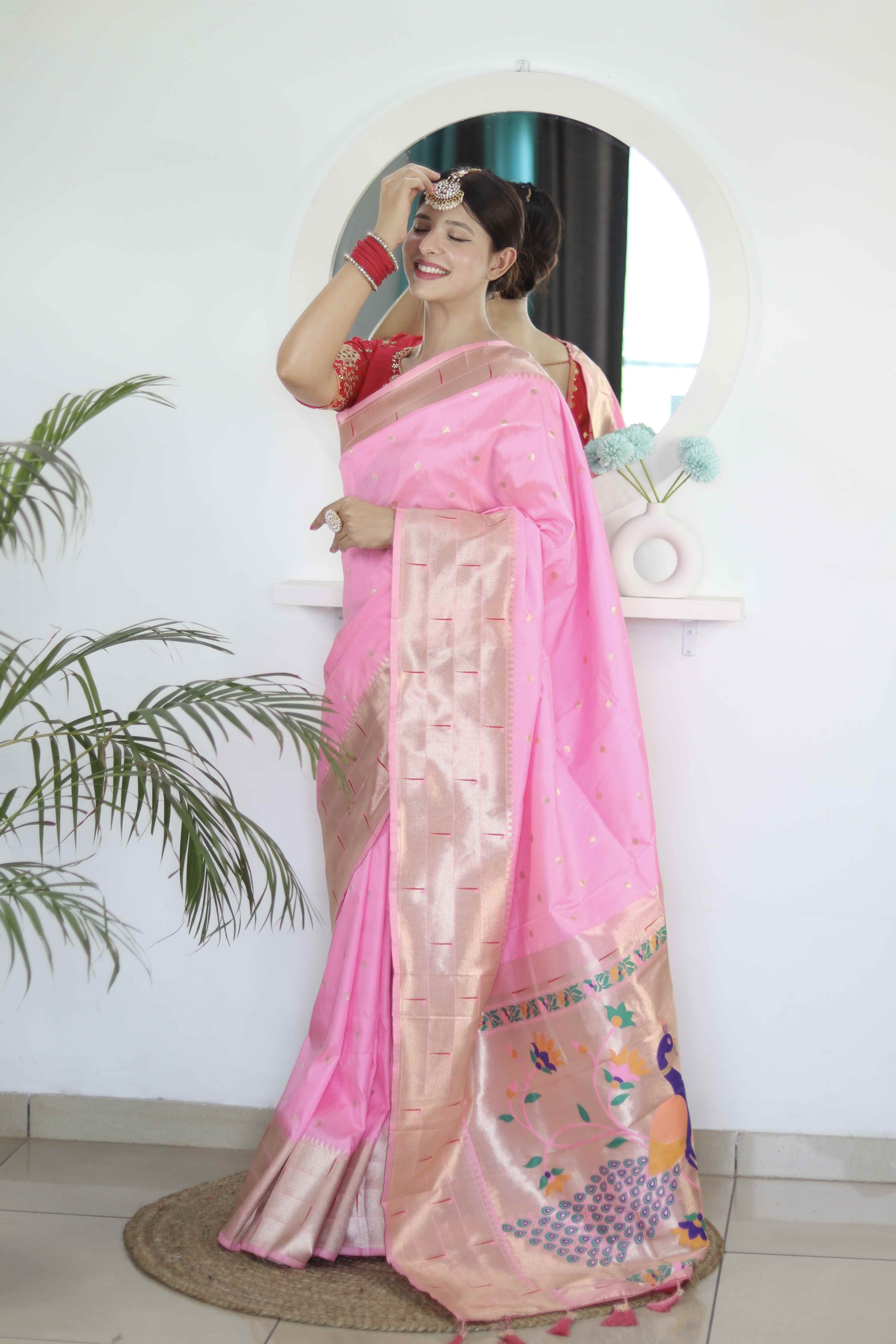 Baby Pink Soft Paithani Silk Saree with Zari Motifs, Meenakari Rich Pallu & Contrast Blouse
