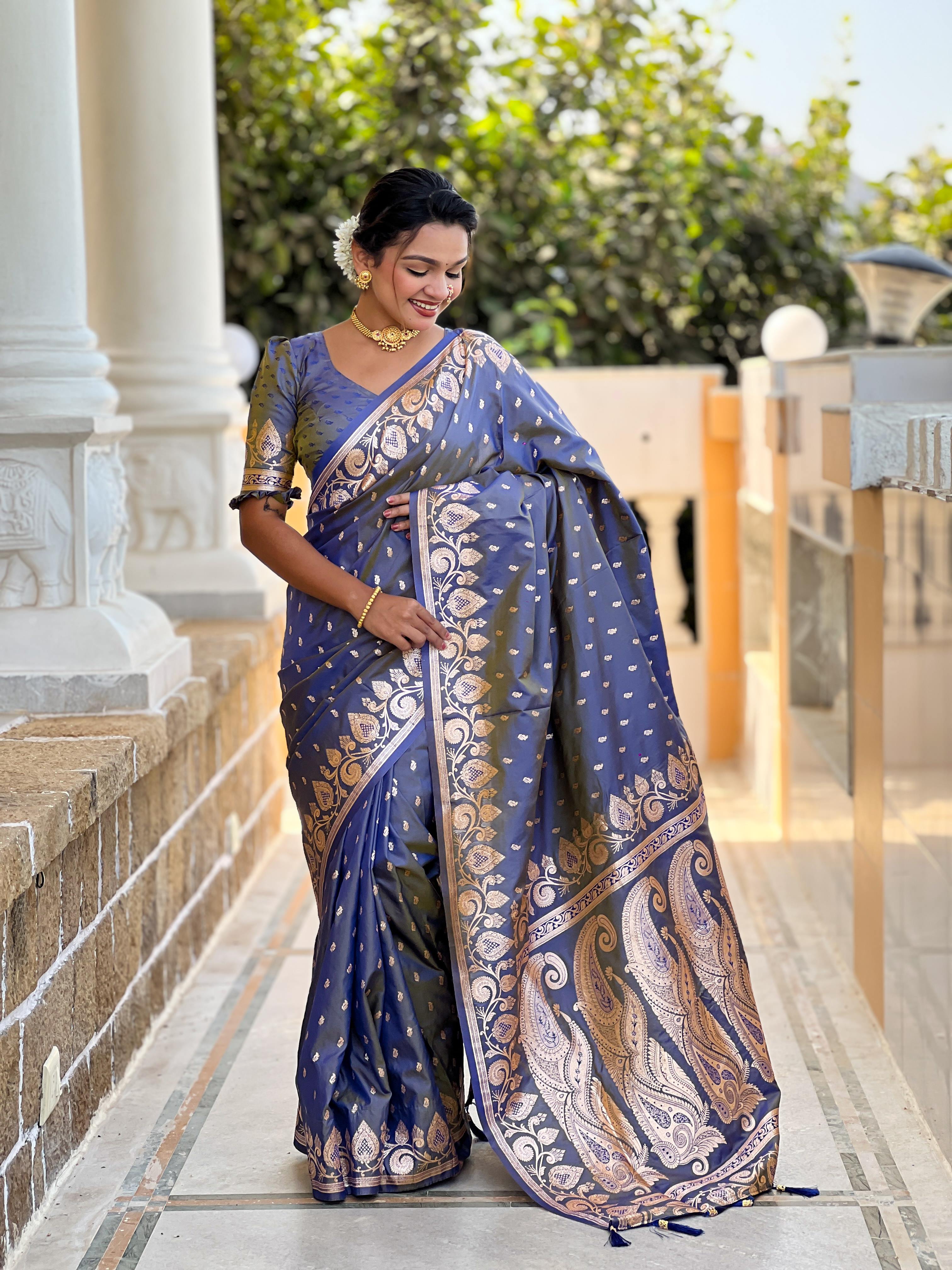 Blue Varni Fabrics Women Anjir Geometric Banarasi Silk Tassels and Latkans Saree comes With Matching Blouse