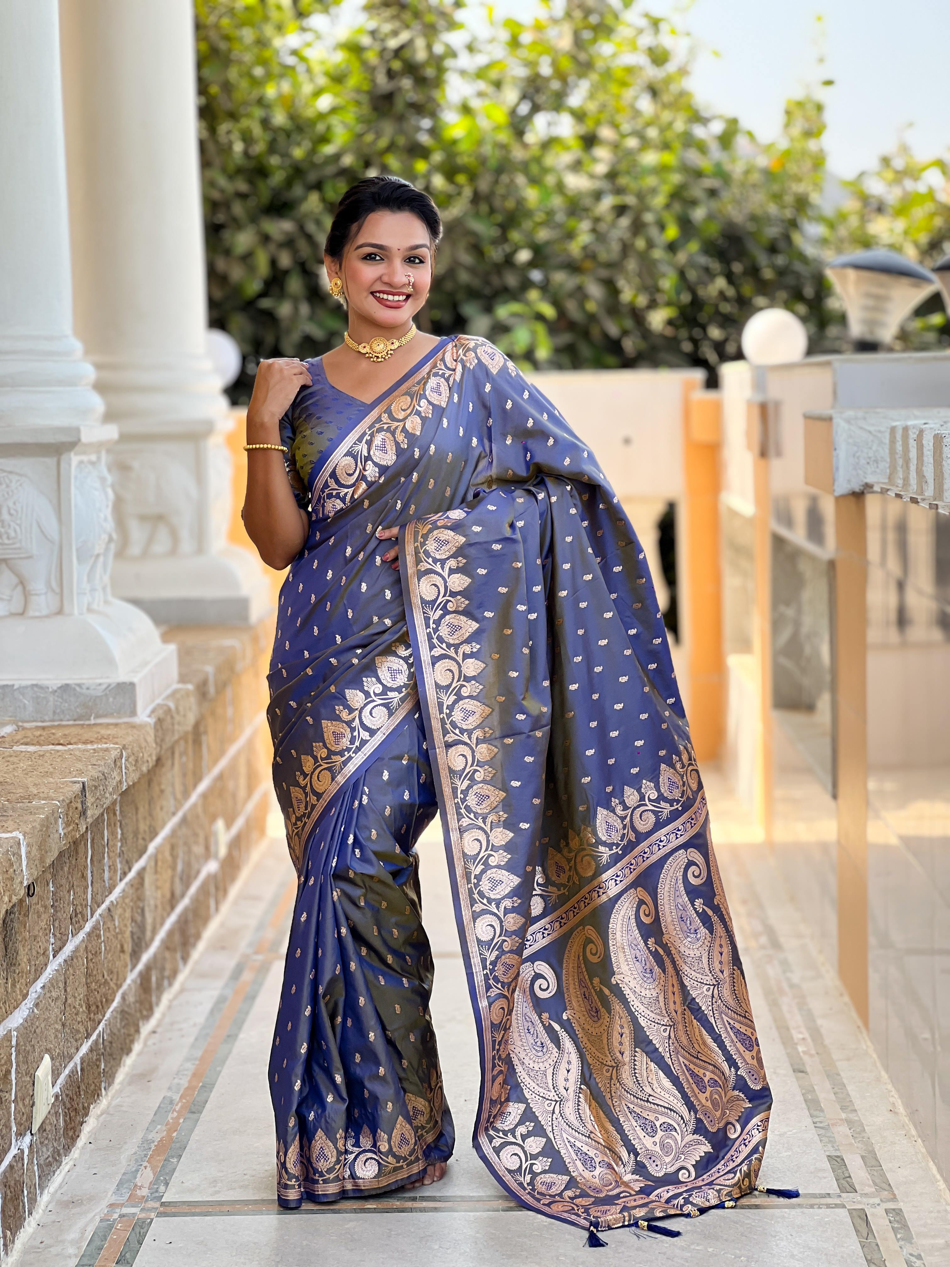 Blue Varni Fabrics Women Anjir Geometric Banarasi Silk Tassels and Latkans Saree comes With Matching Blouse