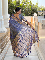 Blue Varni Fabrics Women Anjir Geometric Banarasi Silk Tassels and Latkans Saree comes With Matching Blouse