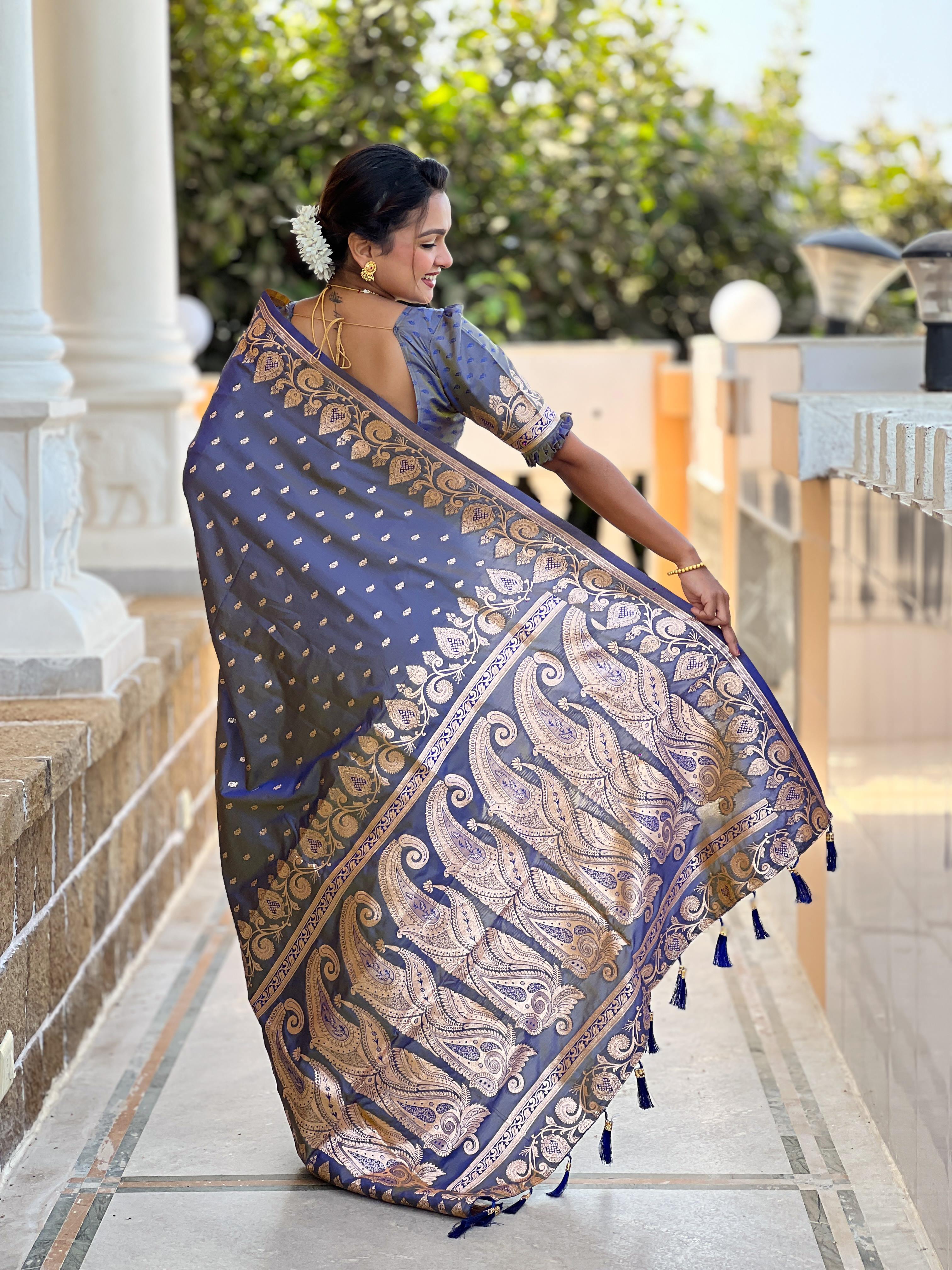 Blue Varni Fabrics Women Anjir Geometric Banarasi Silk Tassels and Latkans Saree comes With Matching Blouse