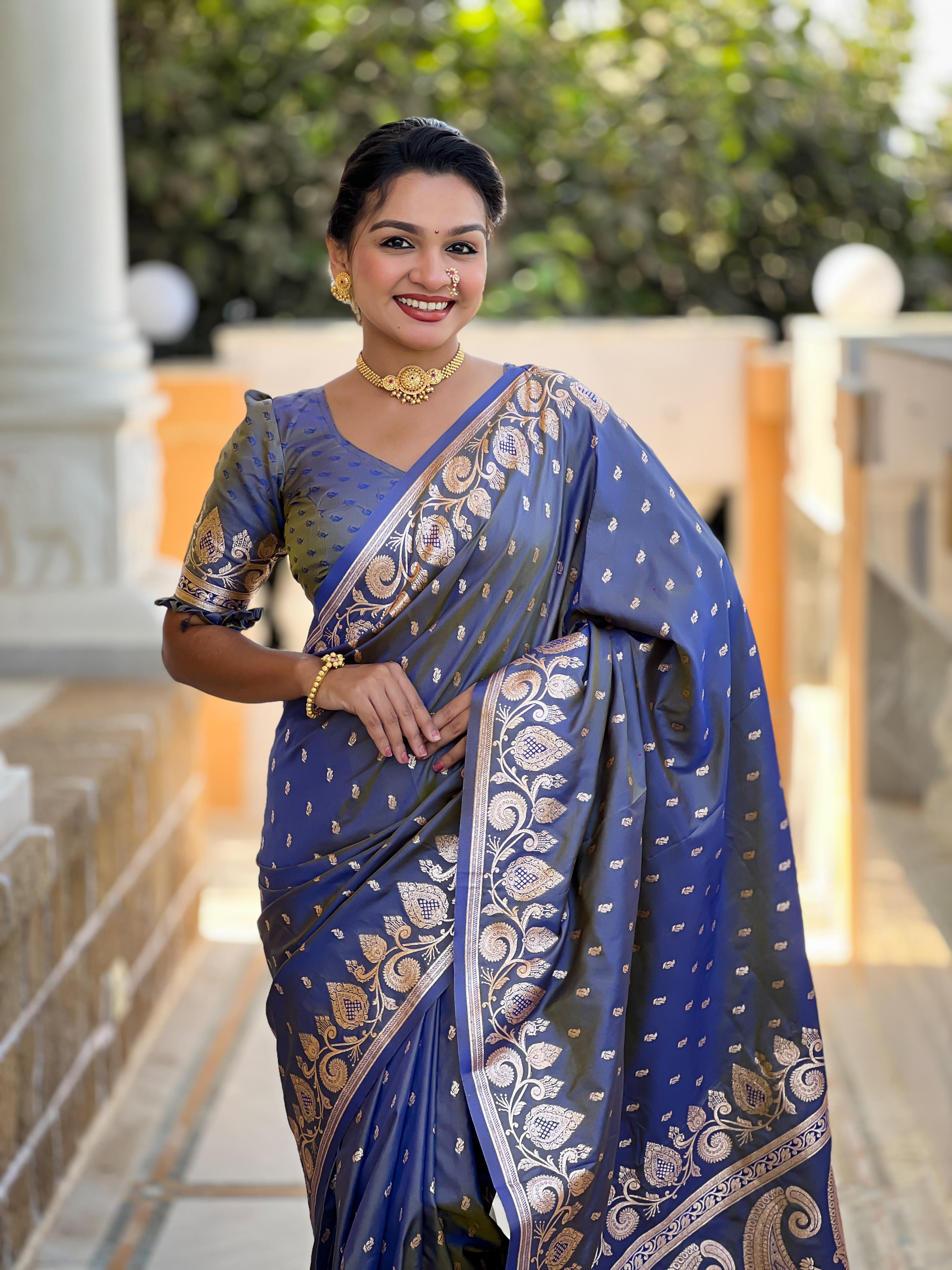 Blue Varni Fabrics Women Anjir Geometric Banarasi Silk Tassels and Latkans Saree comes With Matching Blouse